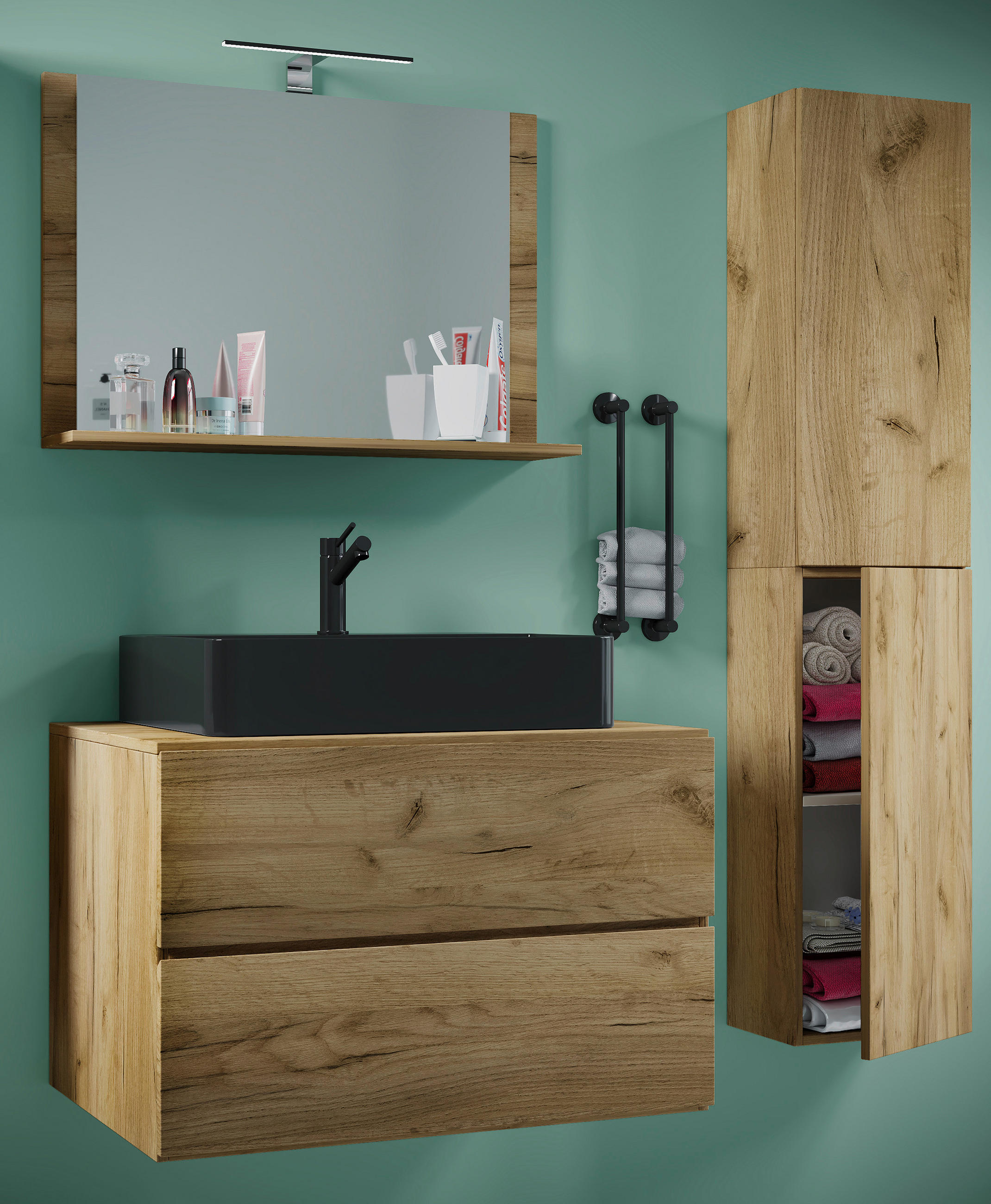 BADEZIMMER 4-teilig  in 114 cm  - Honigeiche/Schwarz, Modern, Glas/Keramik (114cm) - MID.YOU