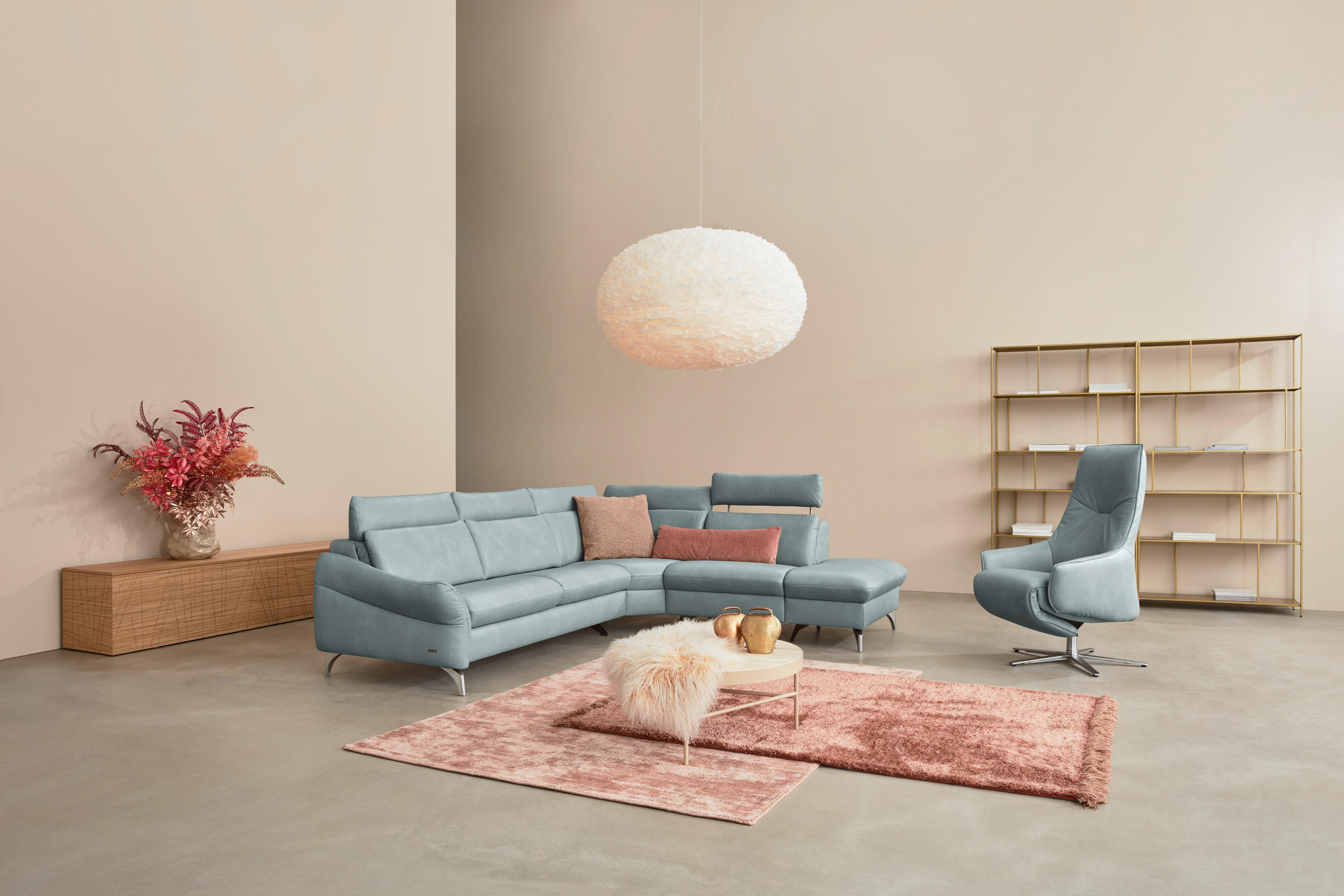 ECKSOFA  in Echtleder Hellblau  296/242 cm  - Edelstahlfarben/Hellblau, KONVENTIONELL, Leder/Metall (296/242cm) - Himolla Komfortklass