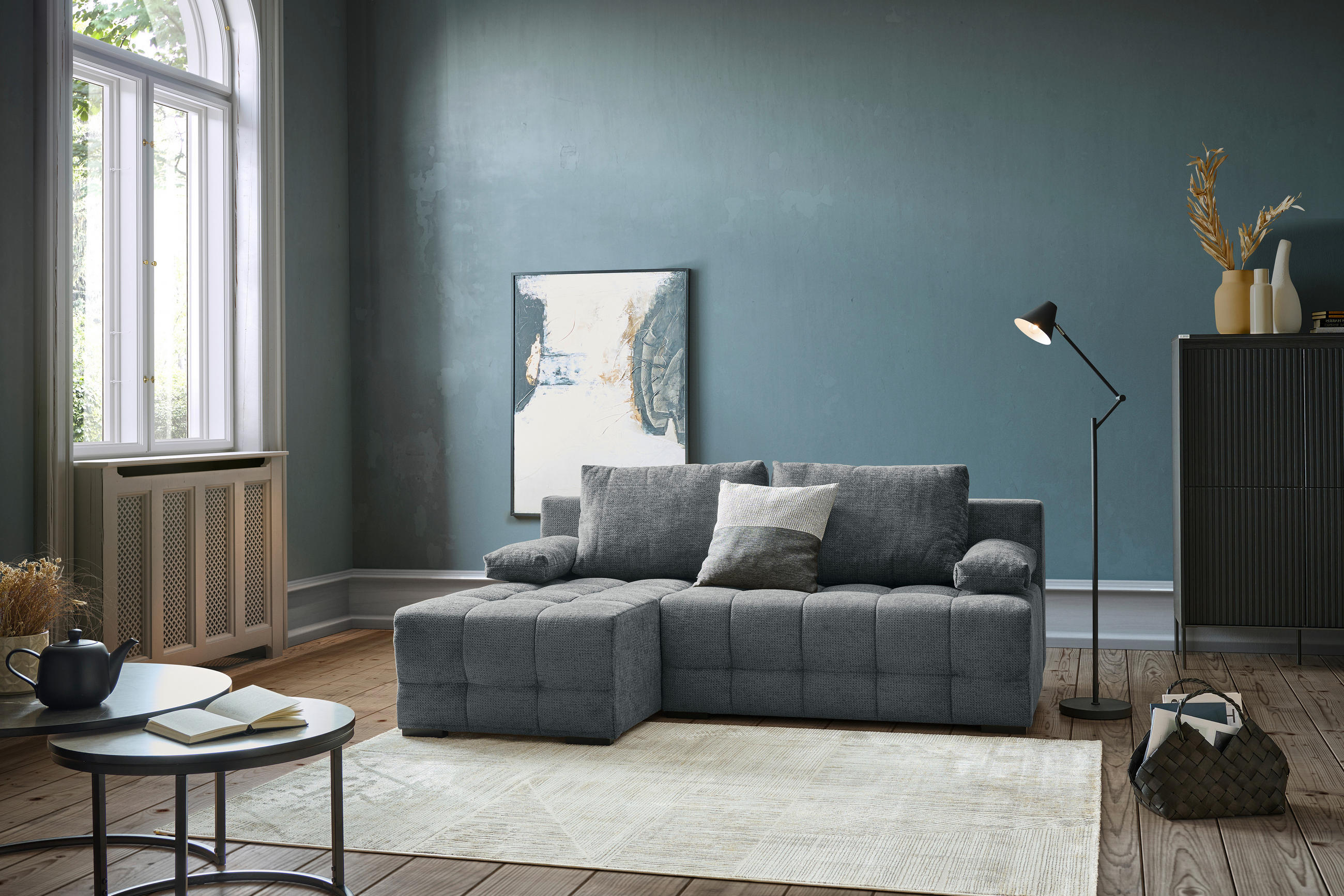 ECKSOFA in Chenille Dunkelgrau  - Dunkelgrau/Schwarz, MODERN, Kunststoff/Textil (145/204cm) - home24