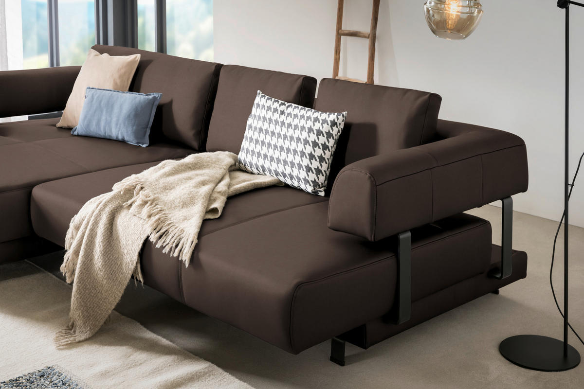 ECKSOFA in Echtleder Braun  - Schwarz/Braun, Design, Leder/Metall (188/307cm)