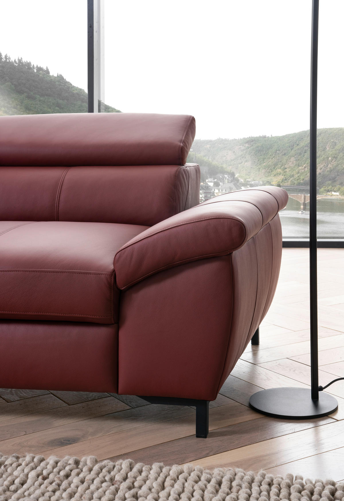 ECKSOFA Bordeaux Echtleder  - Bordeaux/Schwarz, Design, Leder/Metall (213/268cm)