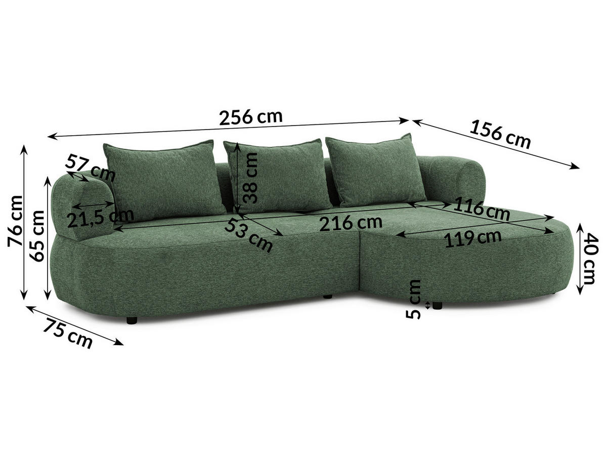 ECKSOFA FERRO Grün Chenille  - Schwarz/Grün, Design, Kunststoff/Textil (256/156cm) - Livetastic