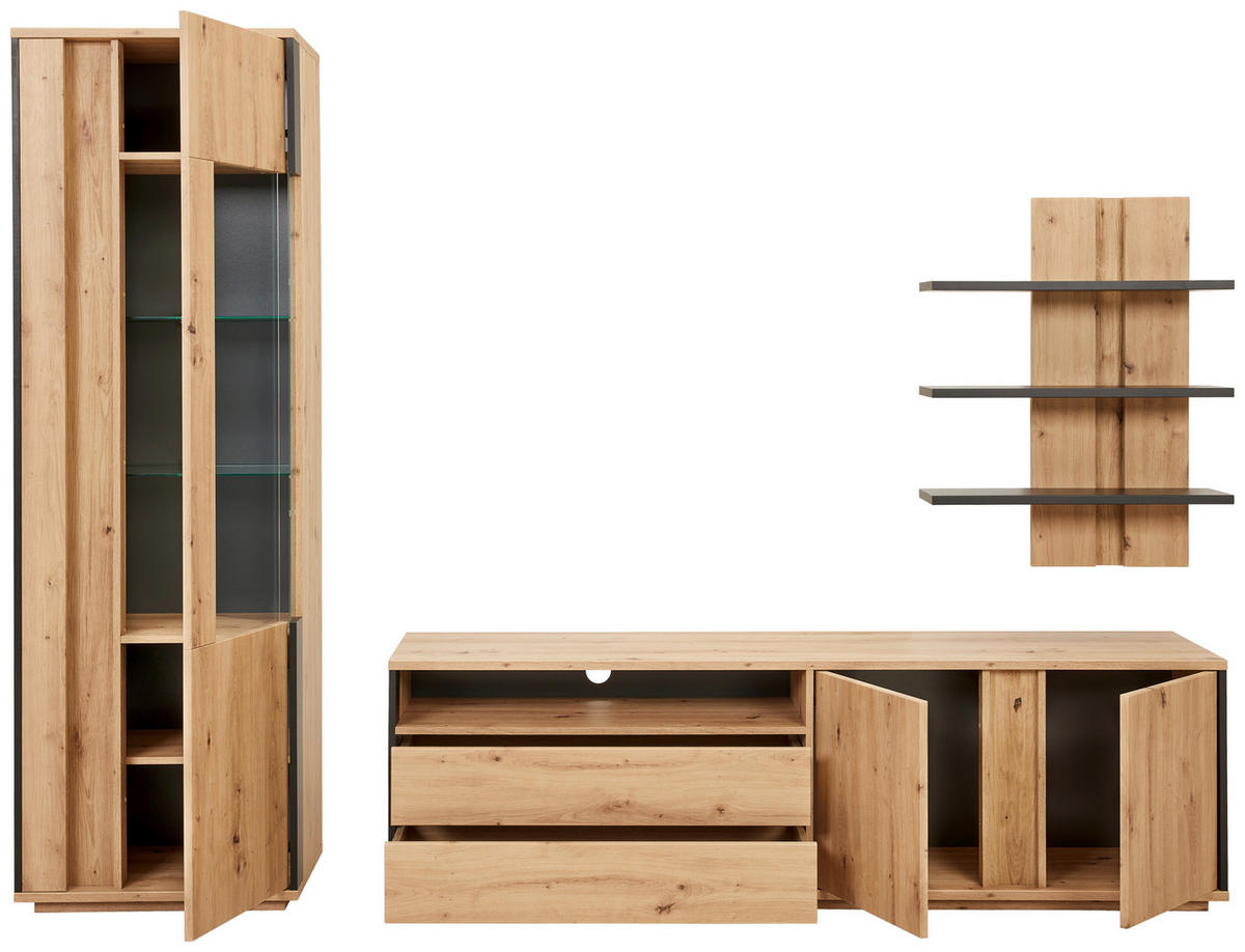 WOHNWAND  in Eichefarben, Grau  252/200/41 cm  - Eichefarben/Grau, Design, Glas/Holzwerkstoff (252/200/41cm) - Cantus