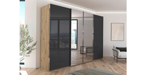 SCHWEBETÜRENSCHRANK  in Schwarz, Eiche Artisan  - Chromfarben/Schwarz, Design, Glas/Holzwerkstoff (316/235/68cm) - Novel