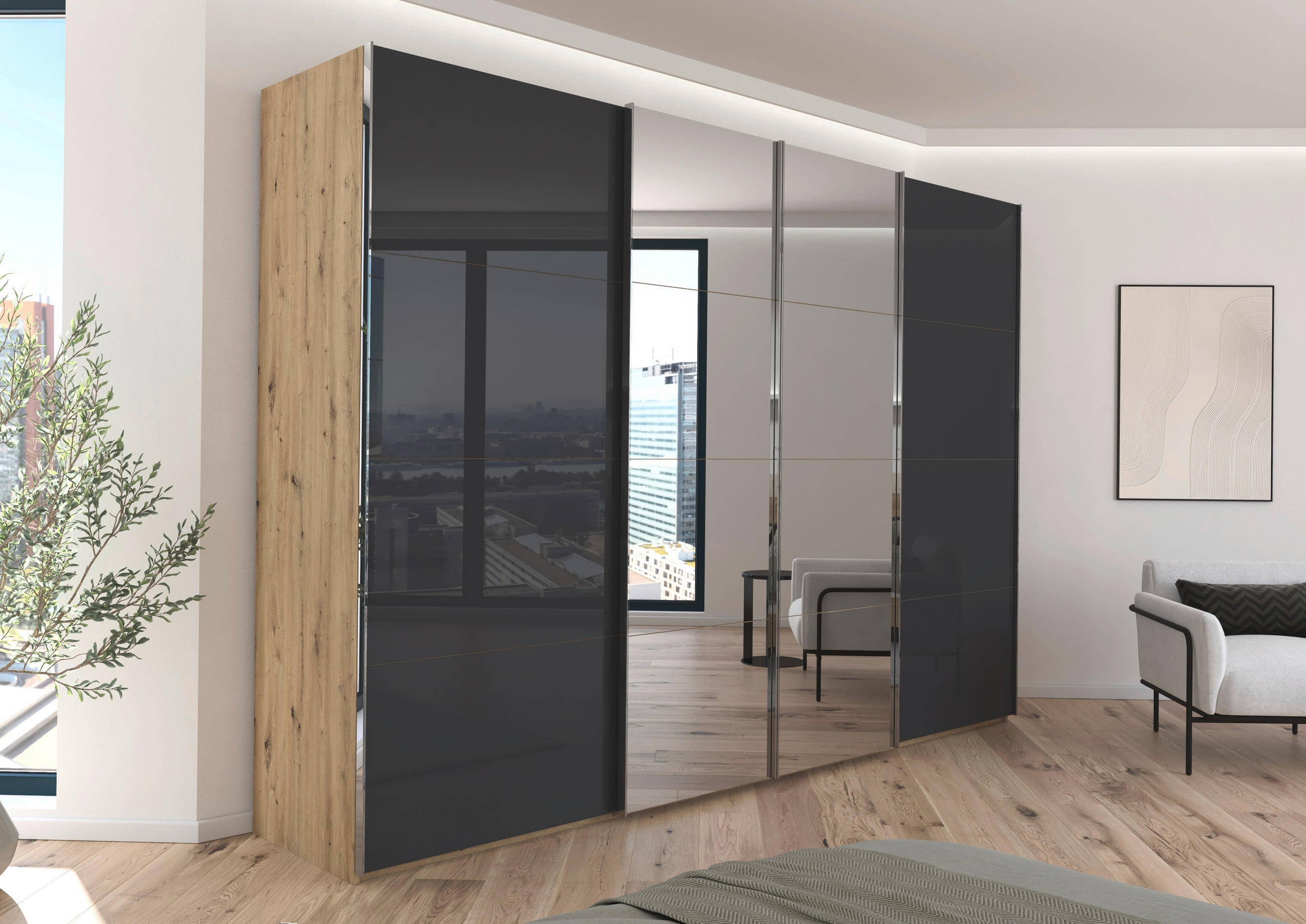 SCHWEBETÜRENSCHRANK 316/223/68 cm 4-türig Schwarz, Eiche Artisan  - Chromfarben/Schwarz, Design, Glas/Holzwerkstoff (316/223/68cm) - Novel