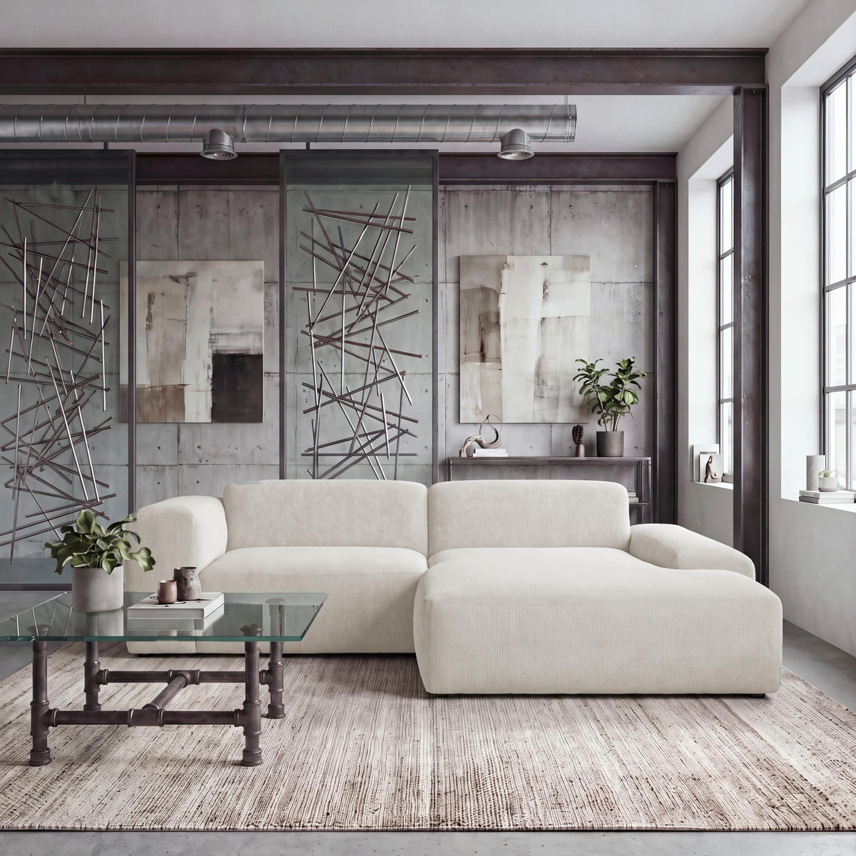 ECKSOFA HANNAH Creme Cord  - Creme/Schwarz, Design, Kunststoff/Textil (252/170cm) - MID.YOU