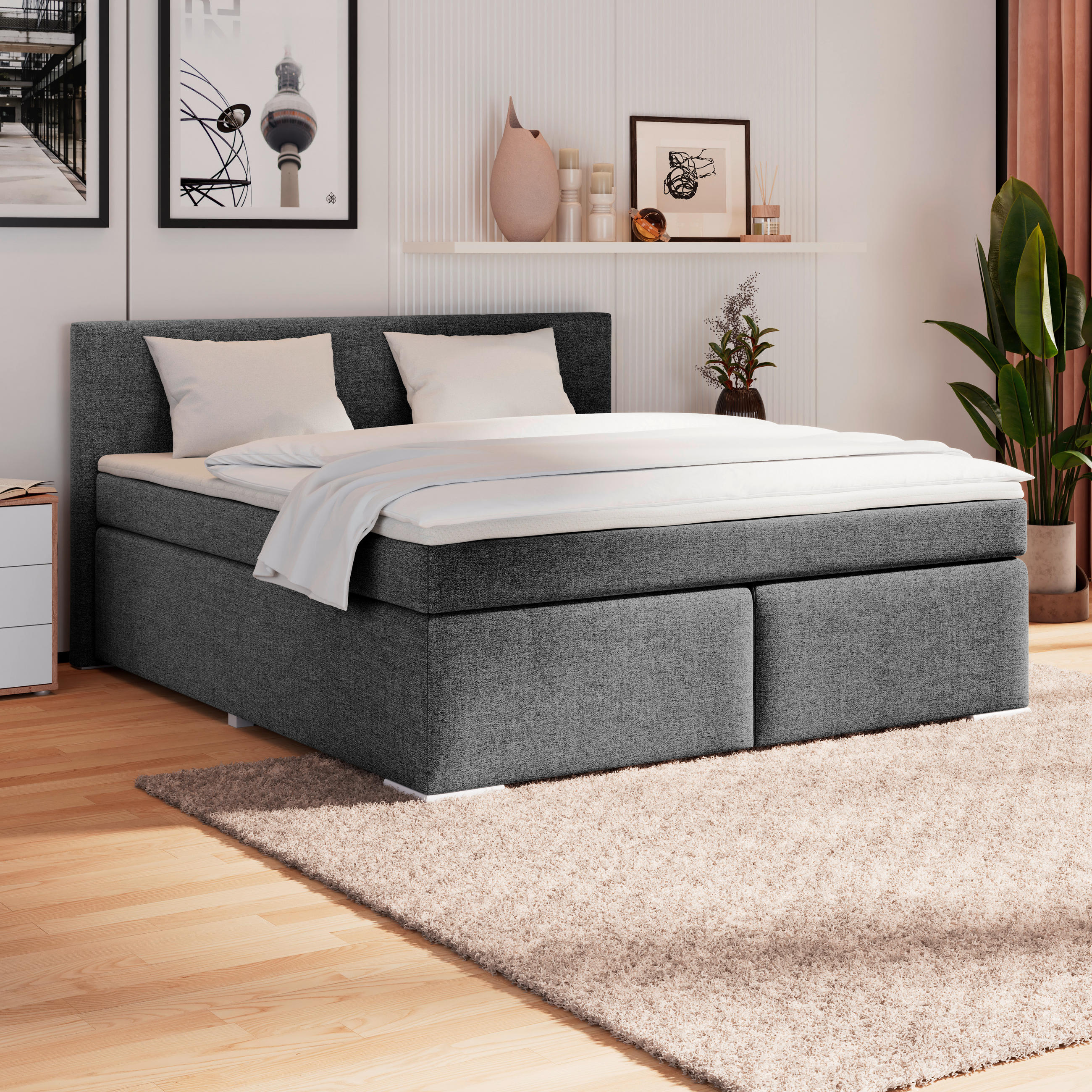 BOXSPRINGBETT 160/200 cm  in Graphitfarben  - Alufarben/Graphitfarben, Basics, Kunststoff/Textil (160/200cm) - Boxxx
