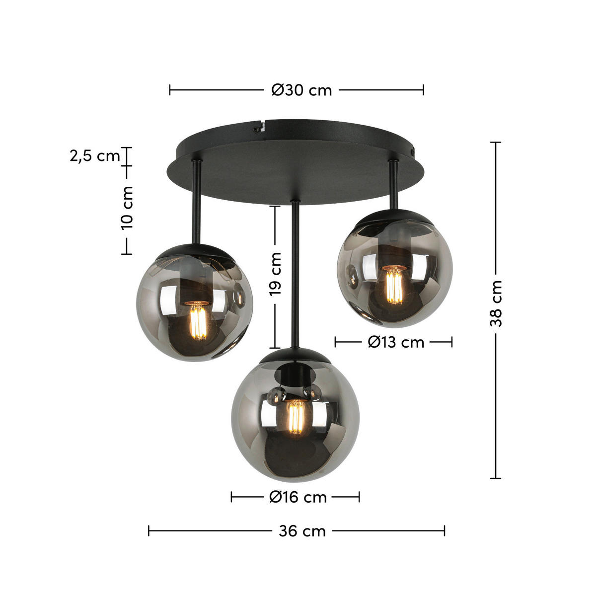 DECKENLEUCHTE 35,5/36/38 cm   - Chromfarben/Schwarz, Trend, Glas/Kunststoff (35,5/36/38cm) - Novel
