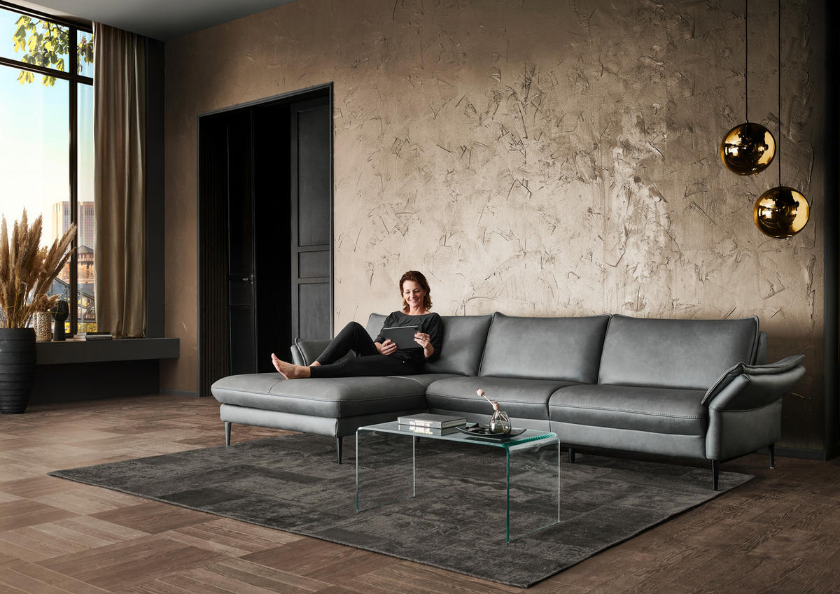 ECKSOFA in Echtleder Anthrazit  172/334 cm  - Anthrazit/Schwarz, Design, Leder/Metall (172/334cm) - Hukla