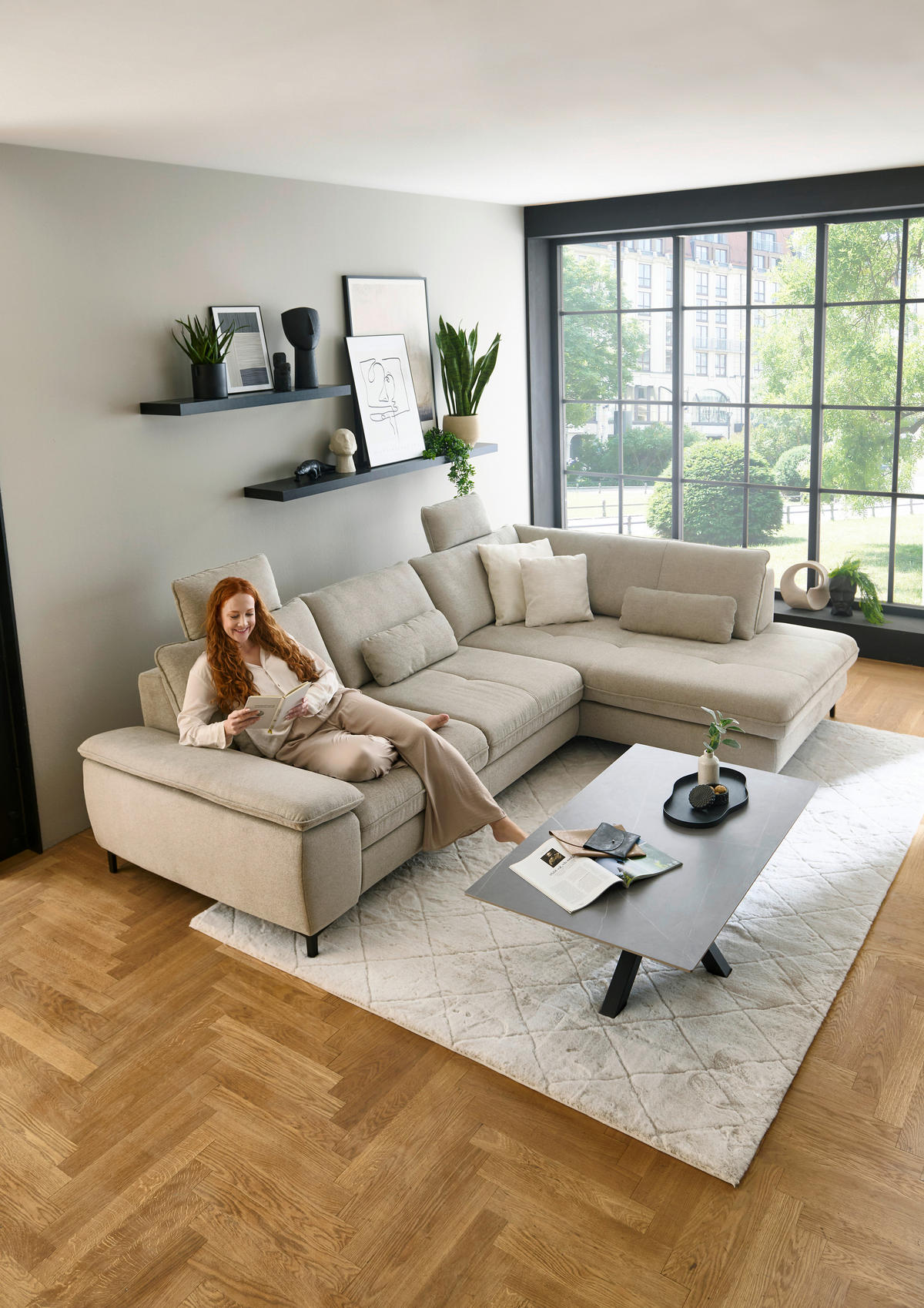 ECKSOFA Flachgewebe Sandfarben  - Sandfarben/Schwarz, Design, Textil/Metall (308/214cm) - Beldomo Speed