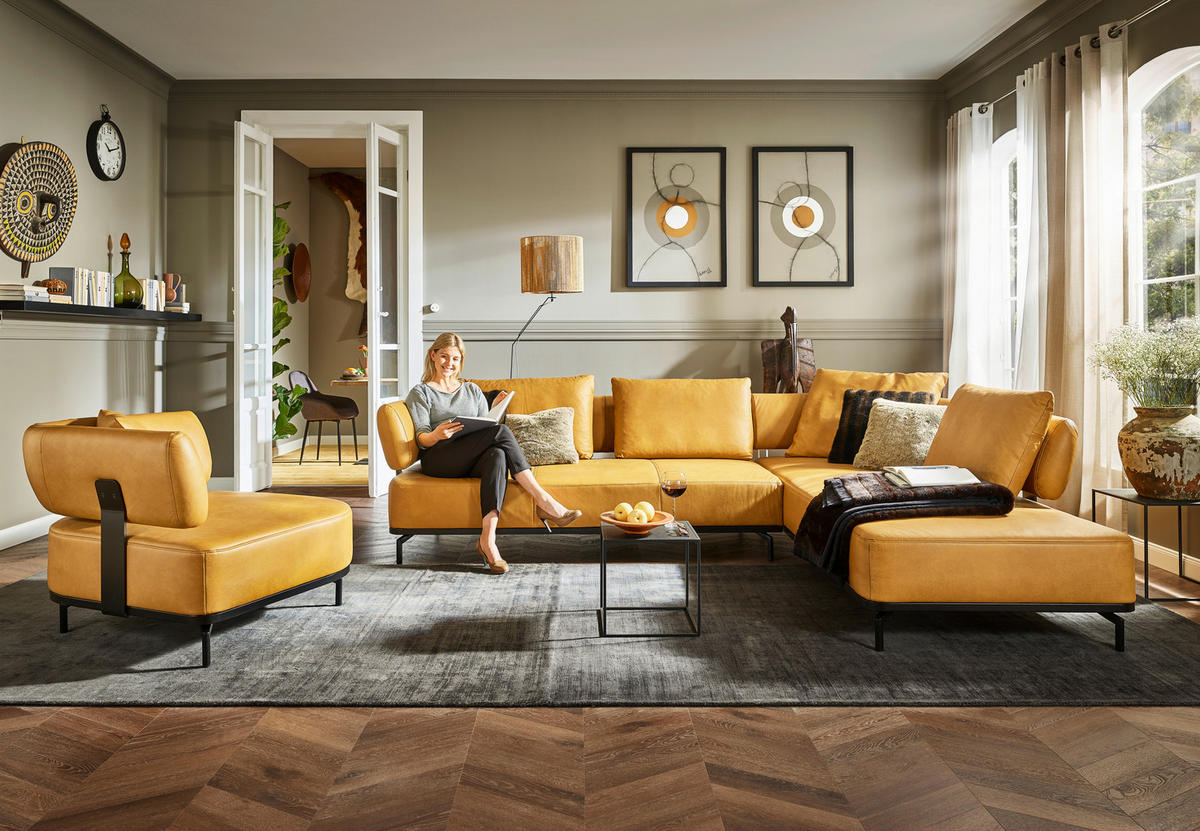 ECKSOFA in Echtleder Dunkelgelb  - Dunkelgelb/Schwarz, Design, Leder/Metall (302/237cm) - Dieter Knoll