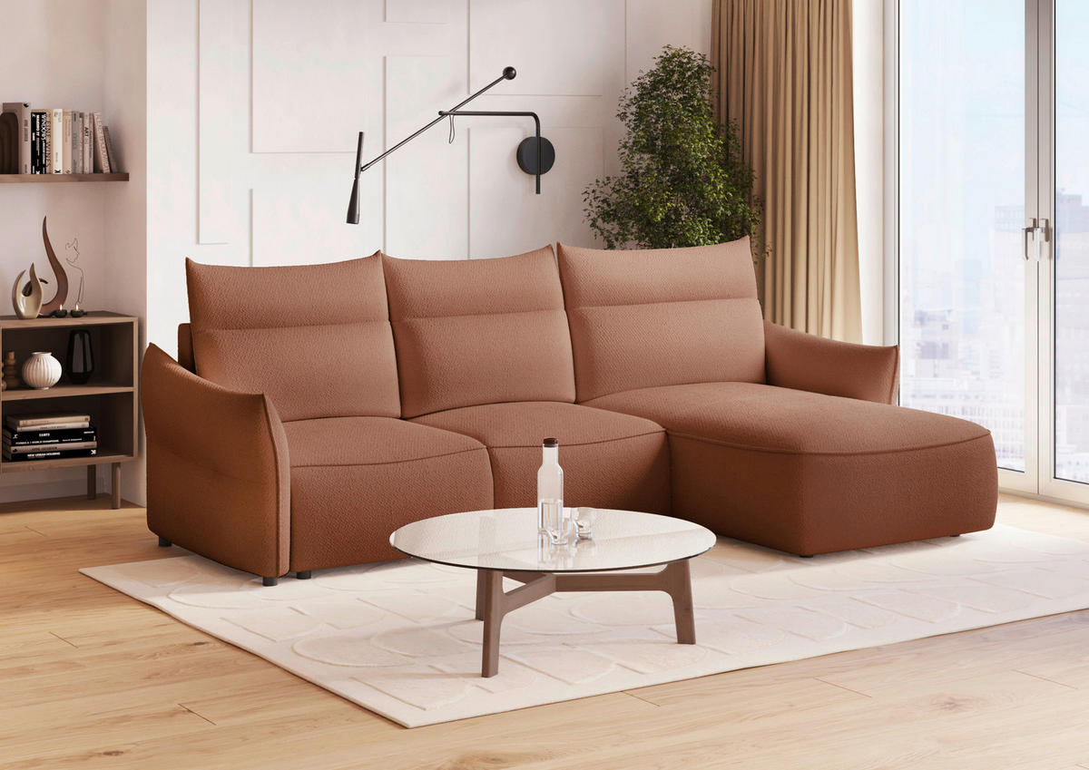 ECKSOFA Rostfarben Webstoff Rückenkissen, Bettkasten, Schlaffunktion, Rücken echt, Liegefläche im Originalstoff  - Rostfarben/Schwarz, KONVENTIONELL, Kunststoff/Textil (306/179cm) - Milino