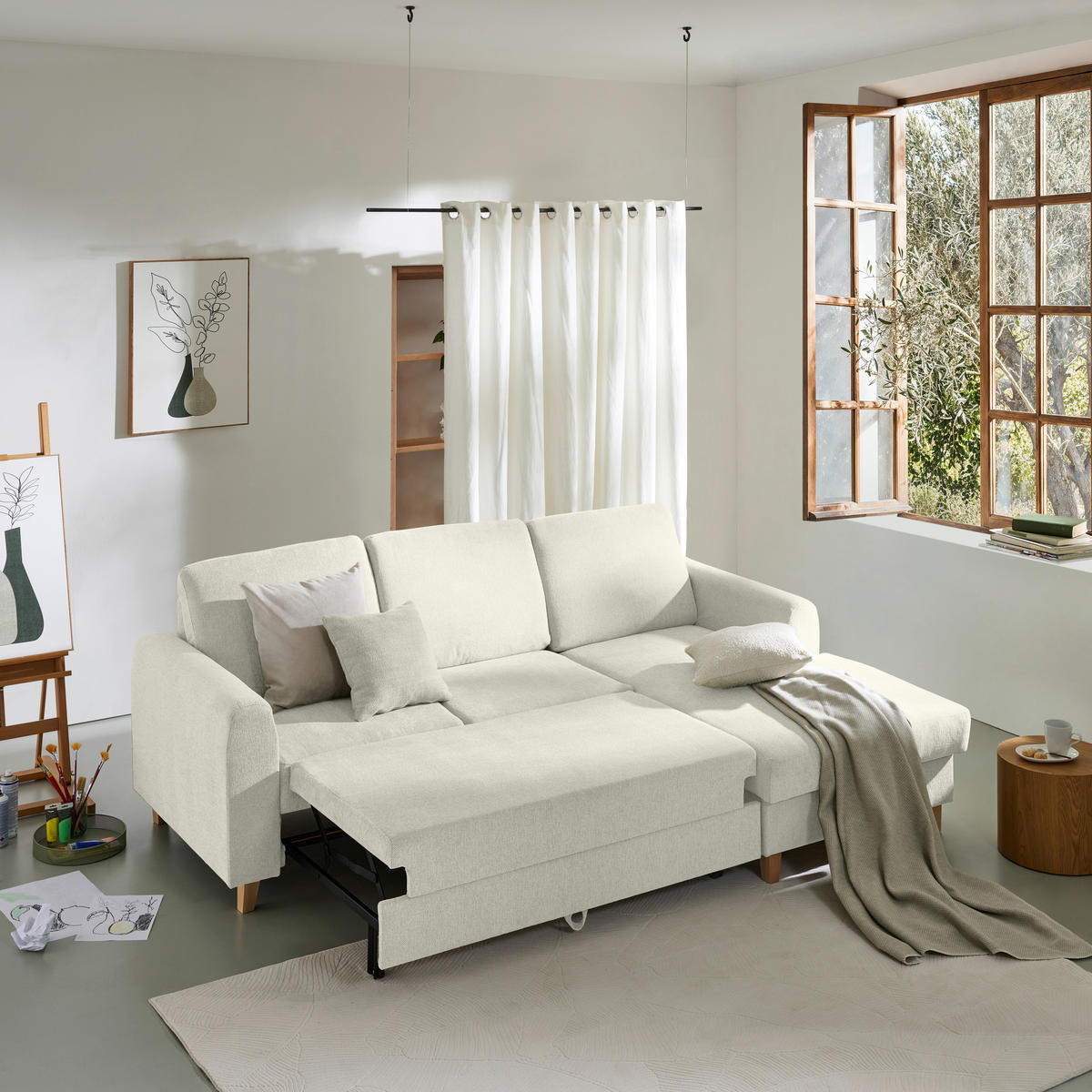 ECKSOFA Creme Flachgewebe  - Buchefarben/Creme, KONVENTIONELL, Holz/Textil (241/166cm) - Carryhome