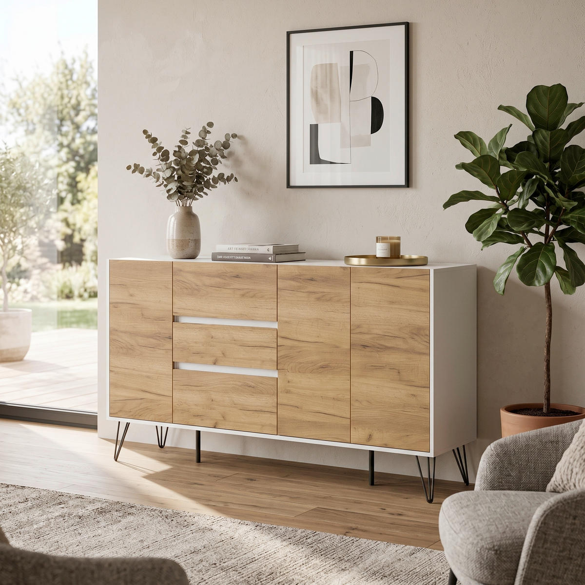 SIDEBOARD Posseik Industrial 177/93,6/42 cm 3 Schublade(n)  - Eichefarben/Weiß Hochglanz, Design, Holzwerkstoff/Metall (177/93,6/42cm) - MID.YOU