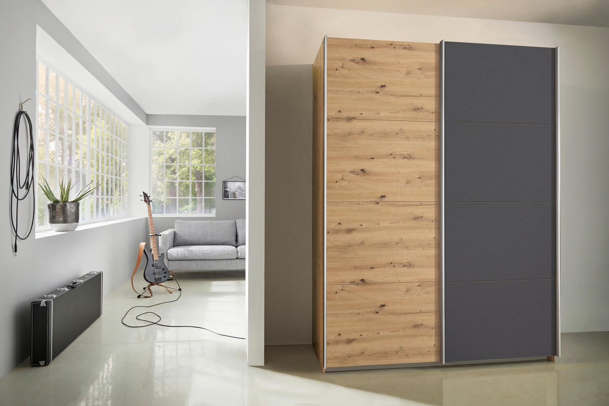 SCHWEBETÜRENSCHRANK in Graphitfarben, Eiche Artisan  - Alufarben/Graphitfarben, Modern, Holzwerkstoff/Metall (136/197/61cm) - Rauch Möbel