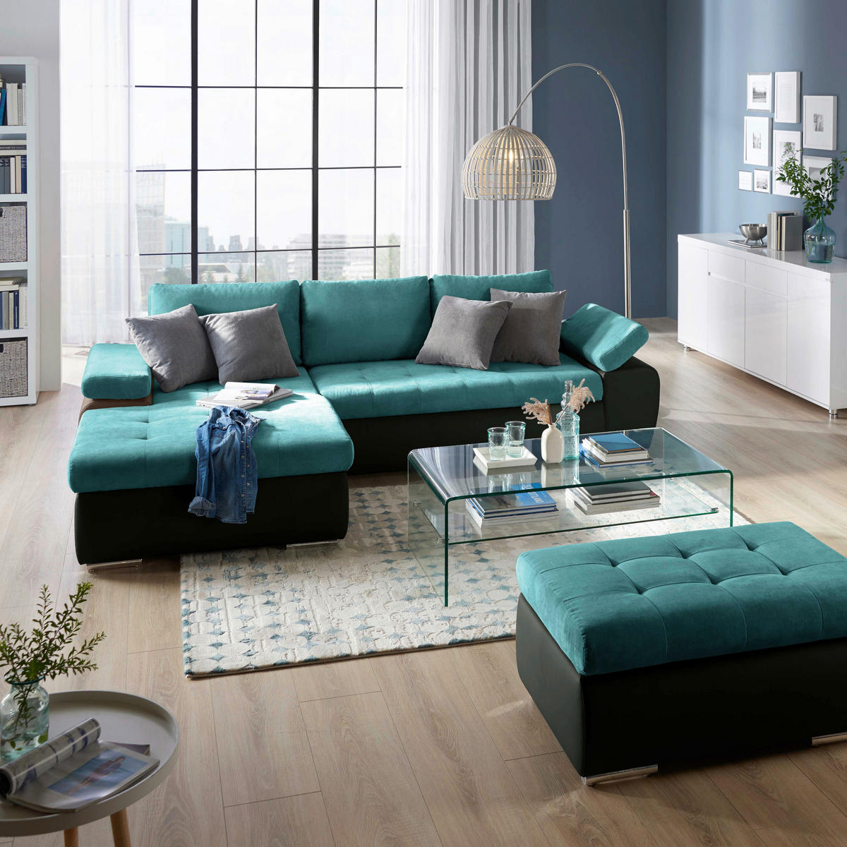 ECKSOFA in Flachgewebe Schwarz, Türkis  - Türkis/Schwarz, Design, Kunststoff/Textil (175/271cm) - MID.YOU