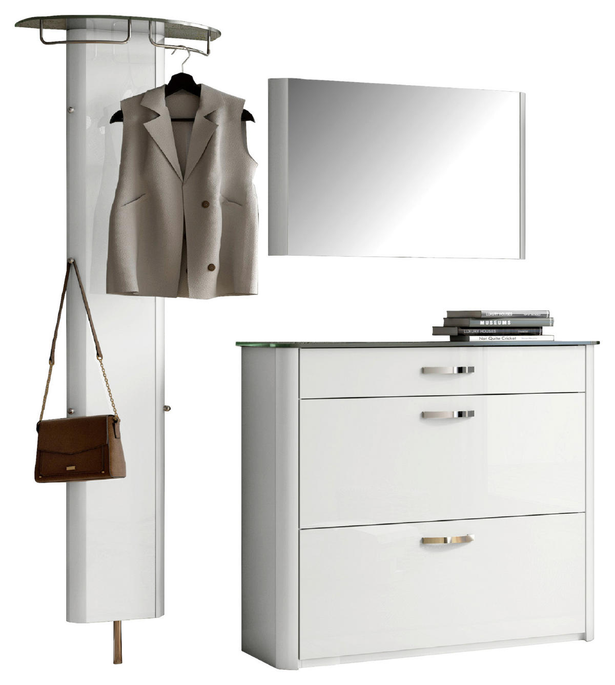 GARDEROBE 3-teilig  in 200/192/34 cm  - Weiss/Alufarben, Design, Glas/Holzwerkstoff (200/192/34cm) - Moderano