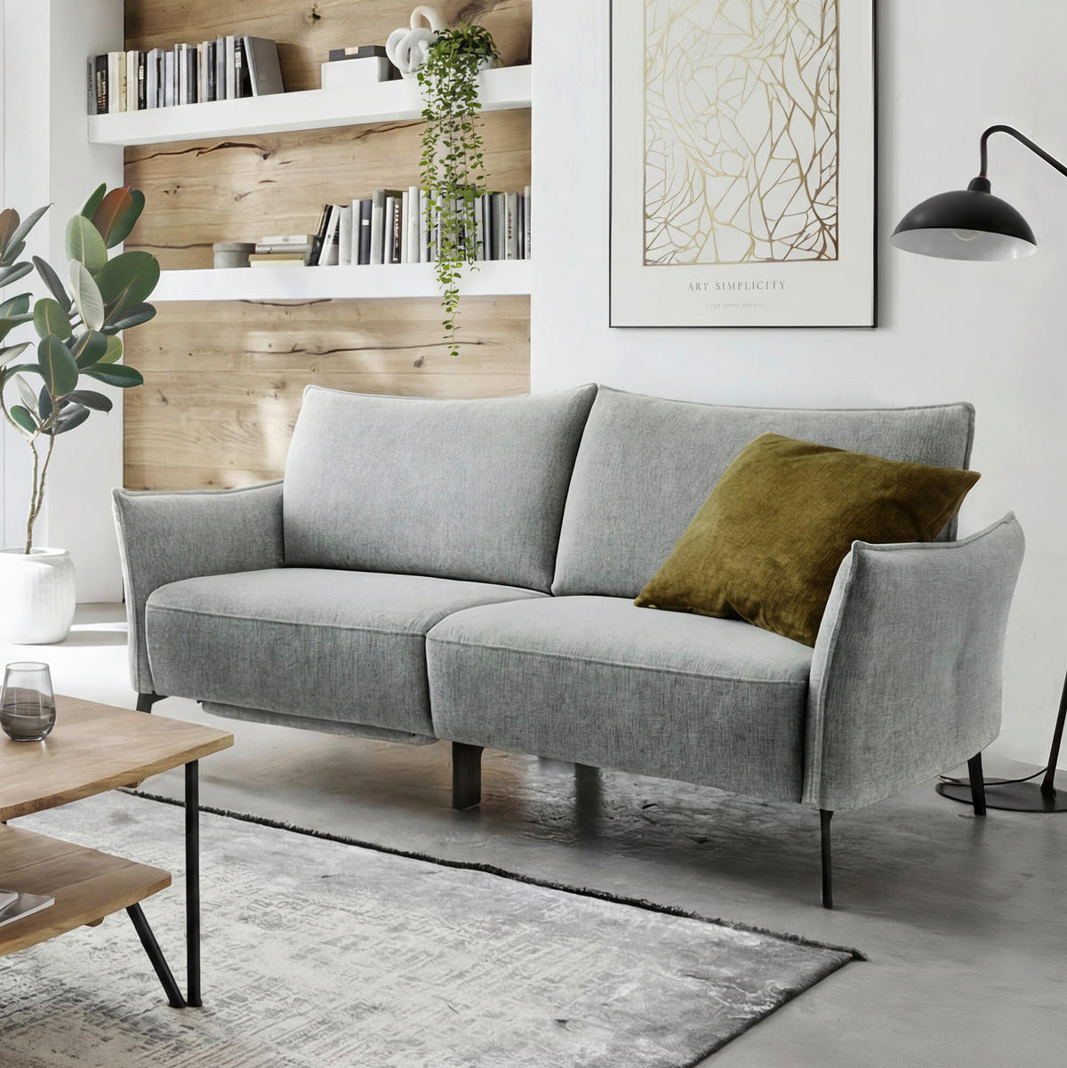 3-SITZER-SOFA Chenille Hellgrau  - Hellgrau/Schwarz, Konventionell, Textil/Metall (184/90/92cm) - Elegando