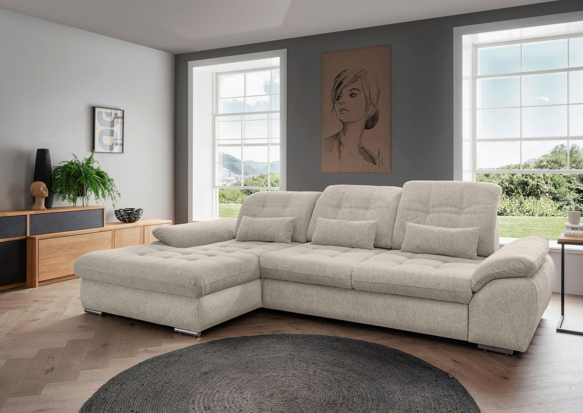 ECKSOFA Beige Chenille  - Chromfarben/Beige, MODERN, Textil/Metall (184/314cm) - Livetastic