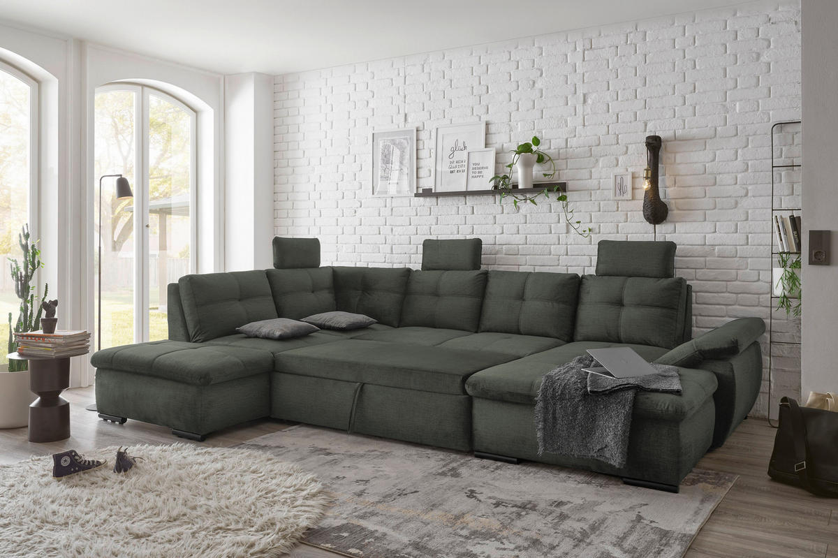WOHNLANDSCHAFT Dunkelgrün Mikrovelours  - Dunkelgrün/Schwarz, KONVENTIONELL, Kunststoff/Textil (217/334/127cm) - Carryhome