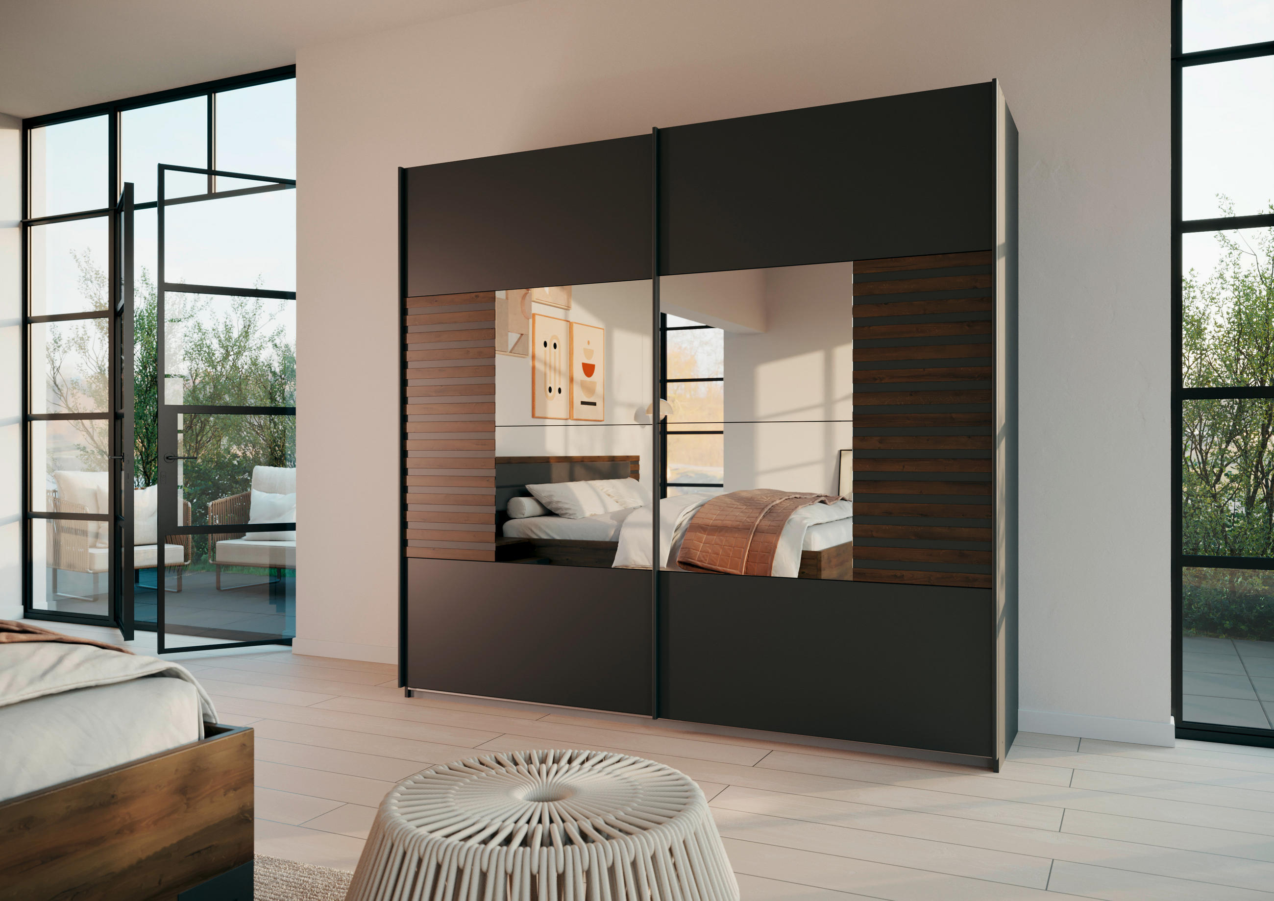 Thumbnail - Rauch Möbel Schwebetürenschrank, Dunkelgrau, Eiche dunkel, Metall, 2 Fächer, 226x210x62 cm, Blauer Engel, Goldenes M, Ma...