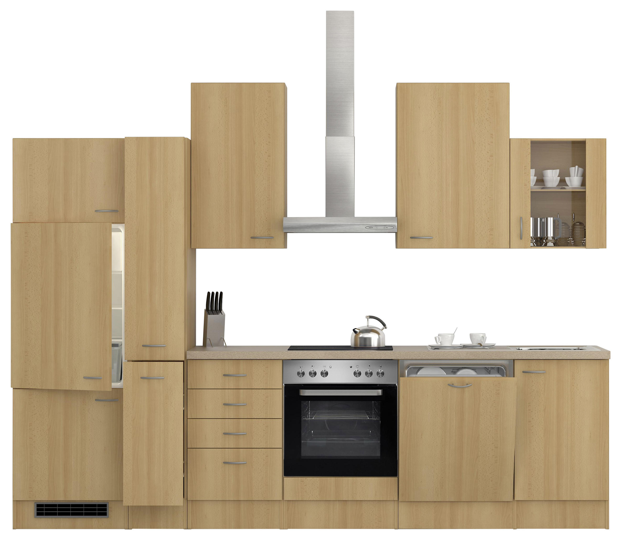 KÜCHENBLOCK 310 cm in Creme, Buchefarben, Edelstahlfarben - Edelstahlfarben/Buchefarben, MODERN (310cm) - MID.YOU