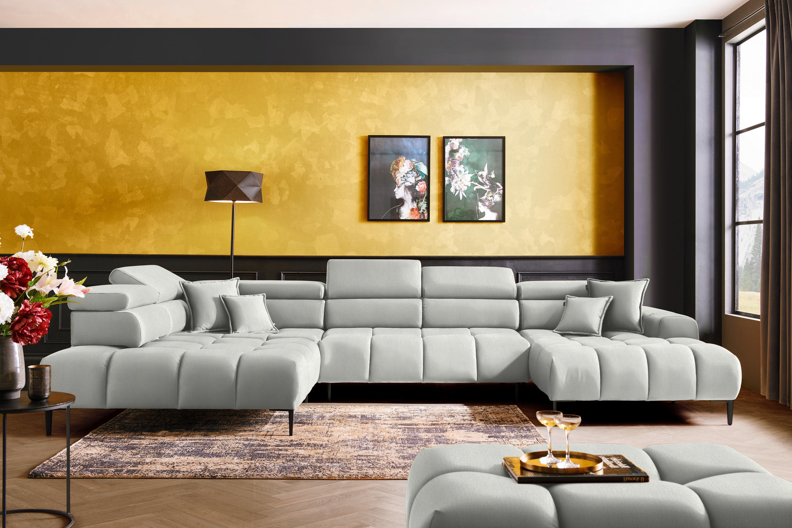 WOHNLANDSCHAFT in Samt, Webstoff Creme  - Creme/Schwarz, Design, Textil/Metall (216/385/177cm) - Welnova