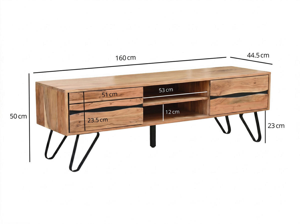LOWBOARD  160/50/44,5 cm  stehend, handgemacht  - Schwarz/Akaziefarben, Design, Holz/Metall (160/50/44,5cm) - Livetastic