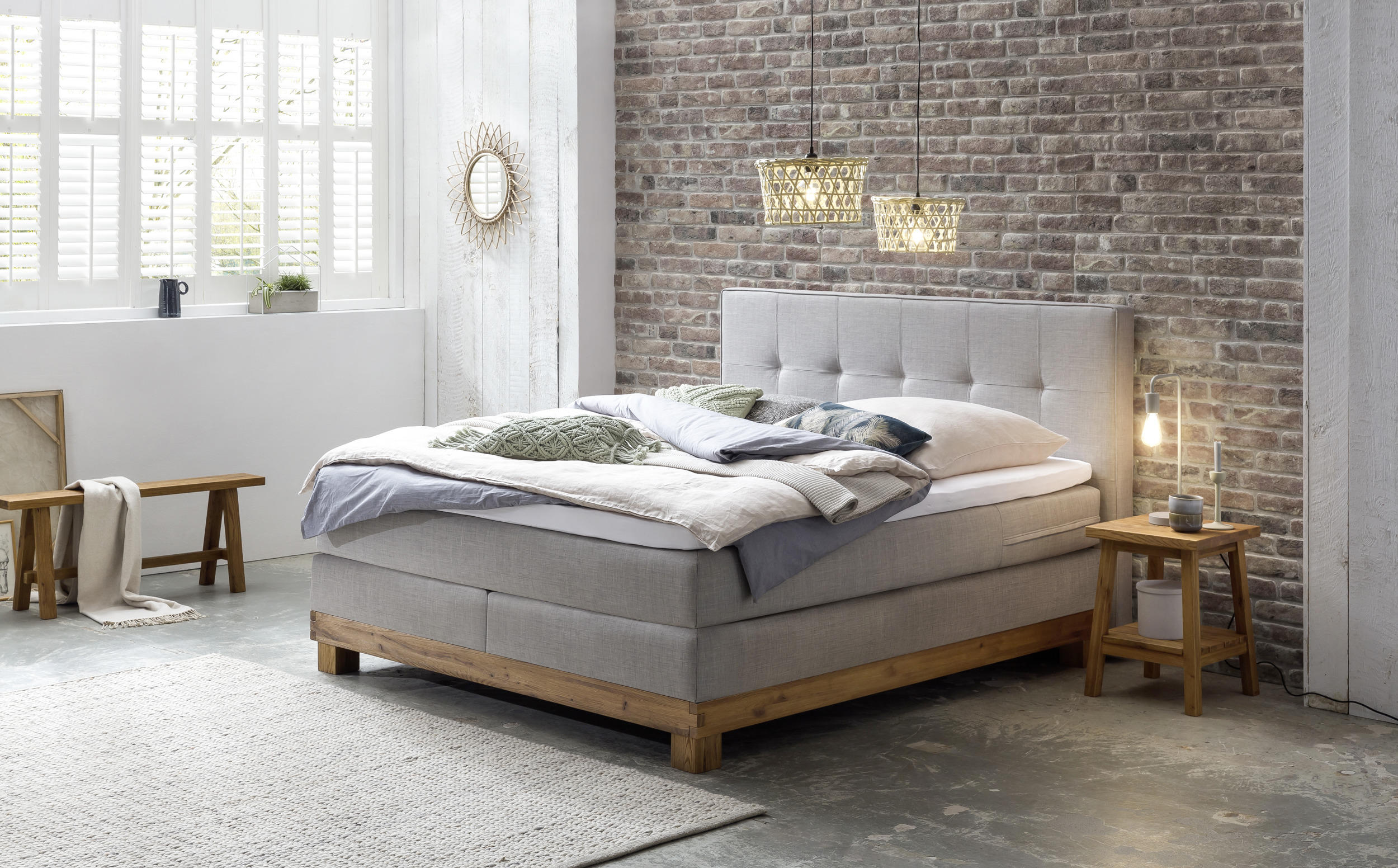 BOXSPRINGBETT 180/200 cm  in Grau, Eichefarben  - Eichefarben/Grau, KONVENTIONELL, Holz/Textil (180/200cm) - Hasena