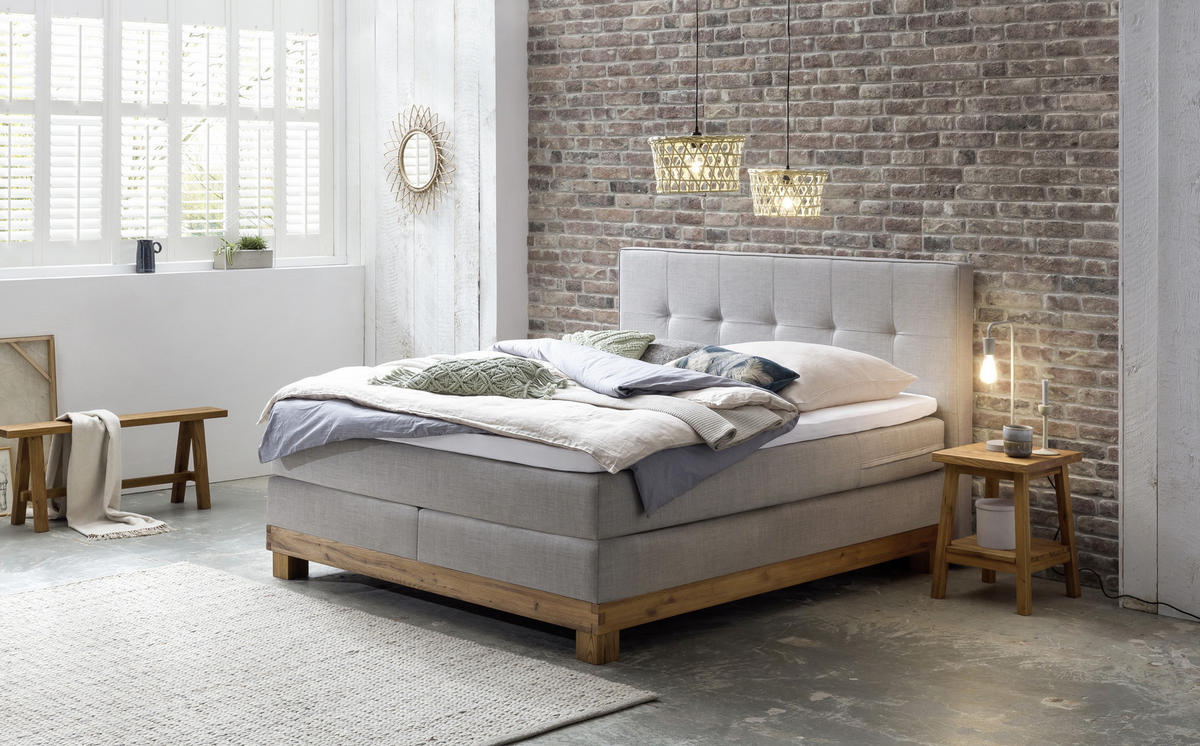 BOXSPRINGBETT 180/200 cm  in Grau, Eichefarben  - Eichefarben/Grau, KONVENTIONELL, Holz/Textil (180/200cm) - Hasena