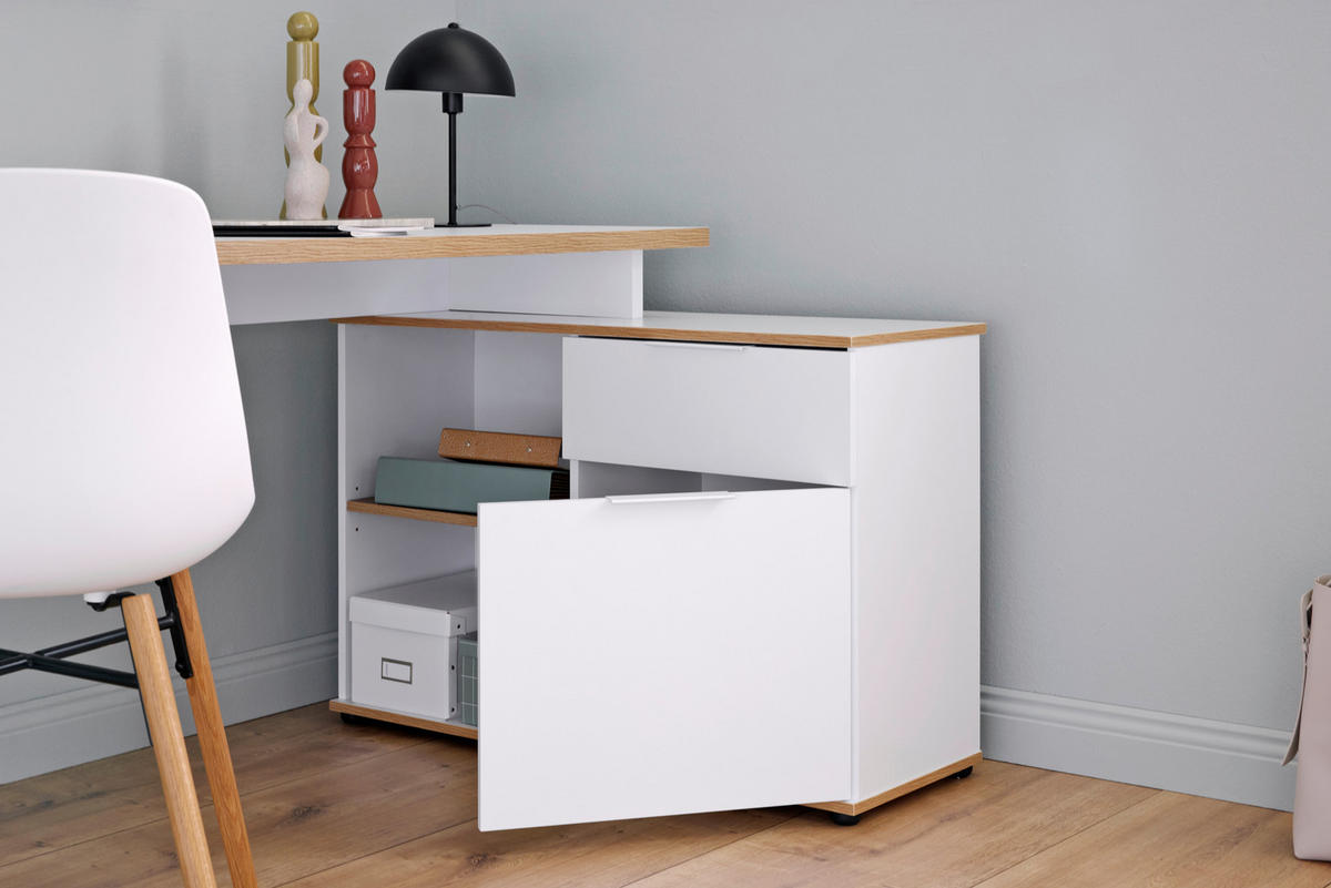 ECKSCHREIBTISCH 140/95/76 cm  in Weiss, Eichefarben  - Weiss/Eichefarben, Modern, Holzwerkstoff/Metall (140/95/76cm) - Livetastic