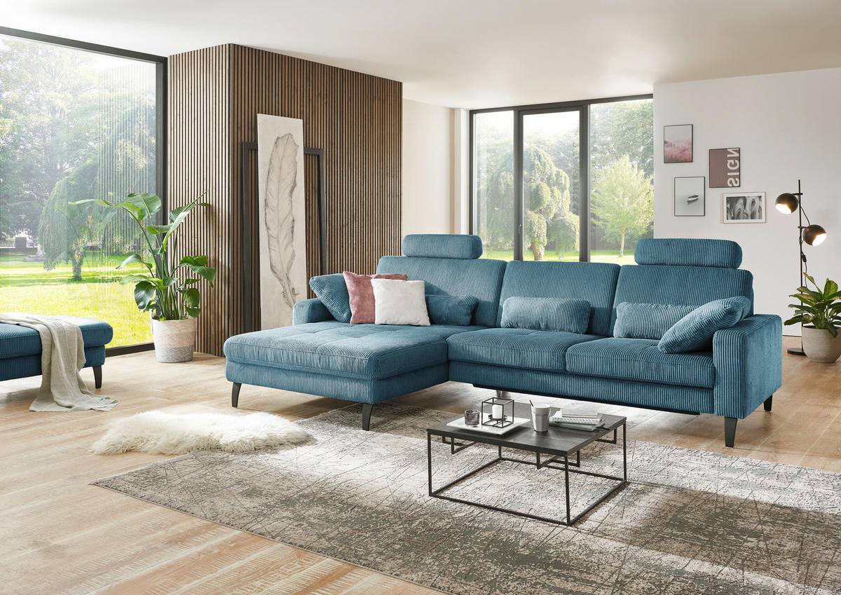 ECKSOFA in Cord Petrol  - Petrol/Schwarz, Modern, Textil/Metall (177/302cm) - Beldomo Style
