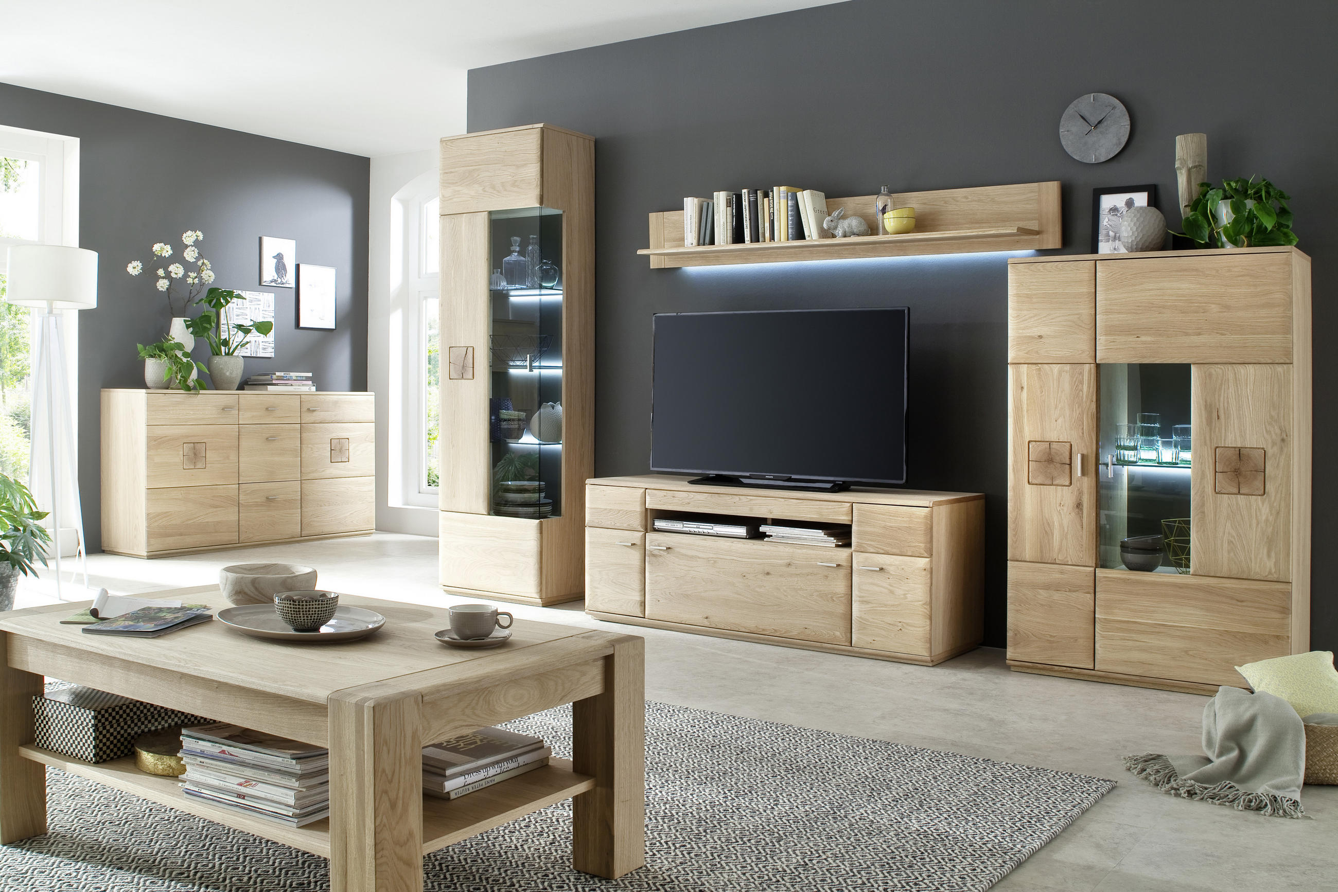 WOHNWAND  in Eichefarben  320/208/50 cm  - Eichefarben/Nickelfarben, Design, Glas/Holz (320/208/50cm) - Livetastic