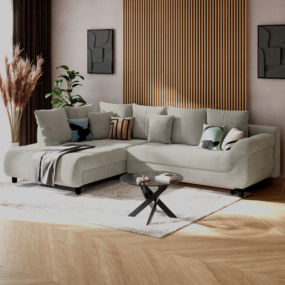 ECKSOFA MENDOZA NEW Grau Chenille, Struktur Zierkissen, Rückenkissen, Bettkasten  - Schwarz/Grau, KONVENTIONELL, Textil (197/309cm) - MID.YOU