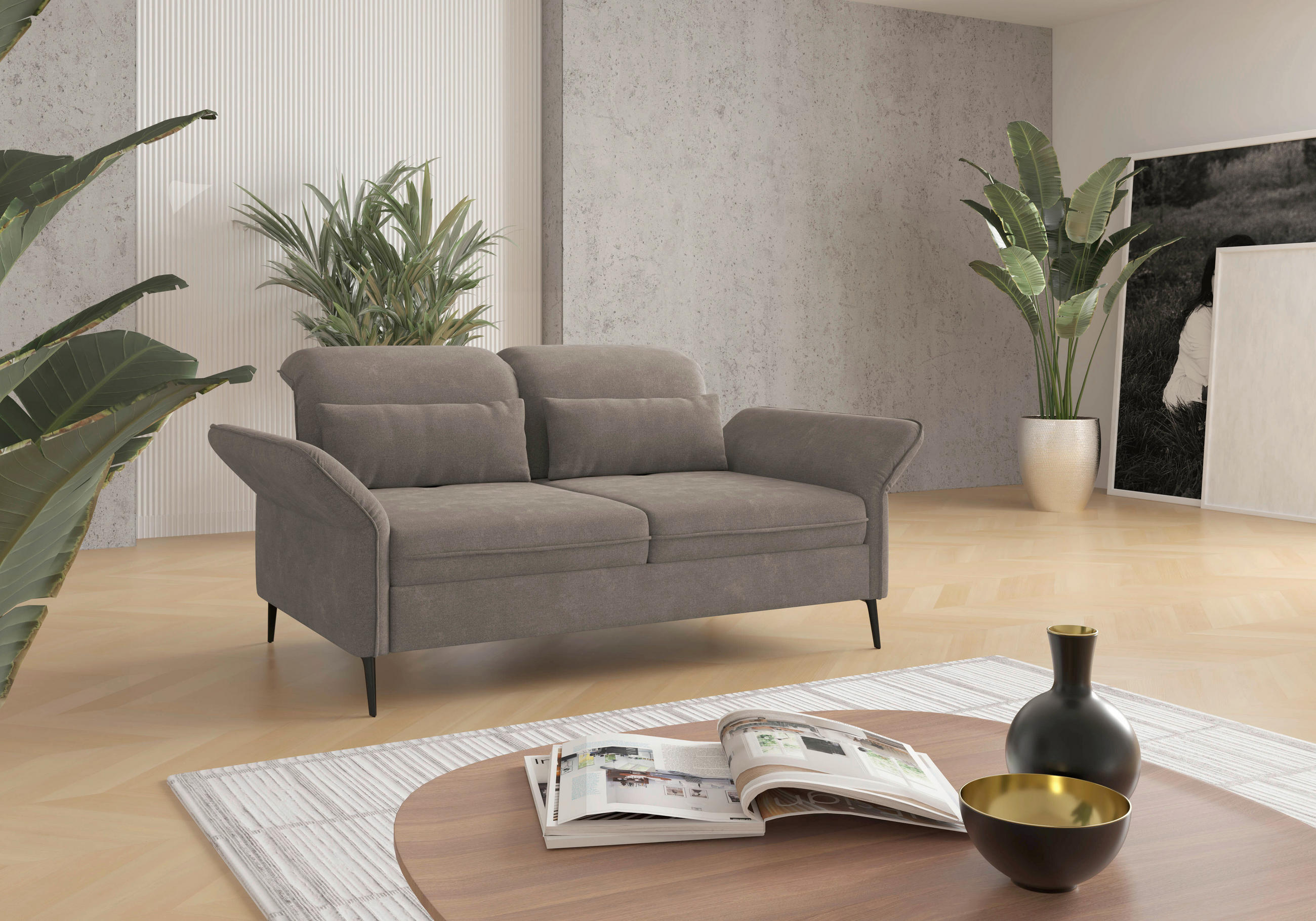 2,5-SITZER Flachgewebe Schlammfarben  - Schlammfarben/Schwarz, KONVENTIONELL, Textil/Metall (189/92/123cm) - Sit & More