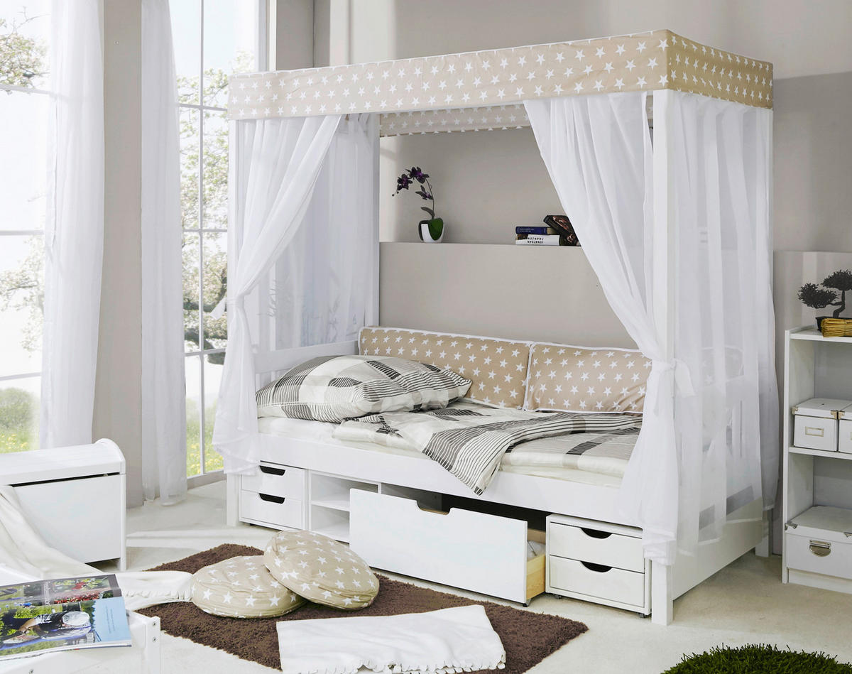 HIMMELBETT 90/200 cm  in Weiß, Beige  - Beige/Weiß, MODERN, Holz (90/200cm) - MID.YOU