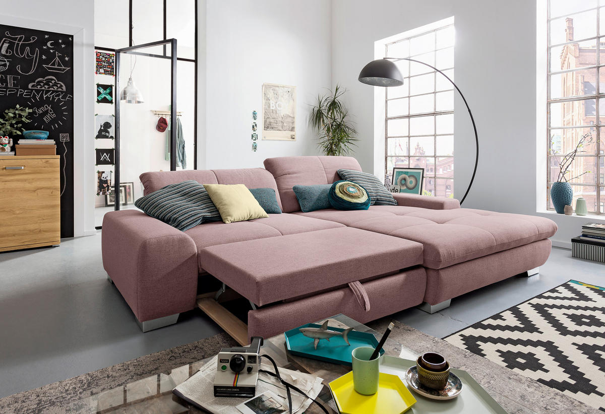 ECKSOFA Rosa Flachgewebe  - Chromfarben/Rosa, Design, Textil/Metall (276/198cm) - SetOne by Musterring