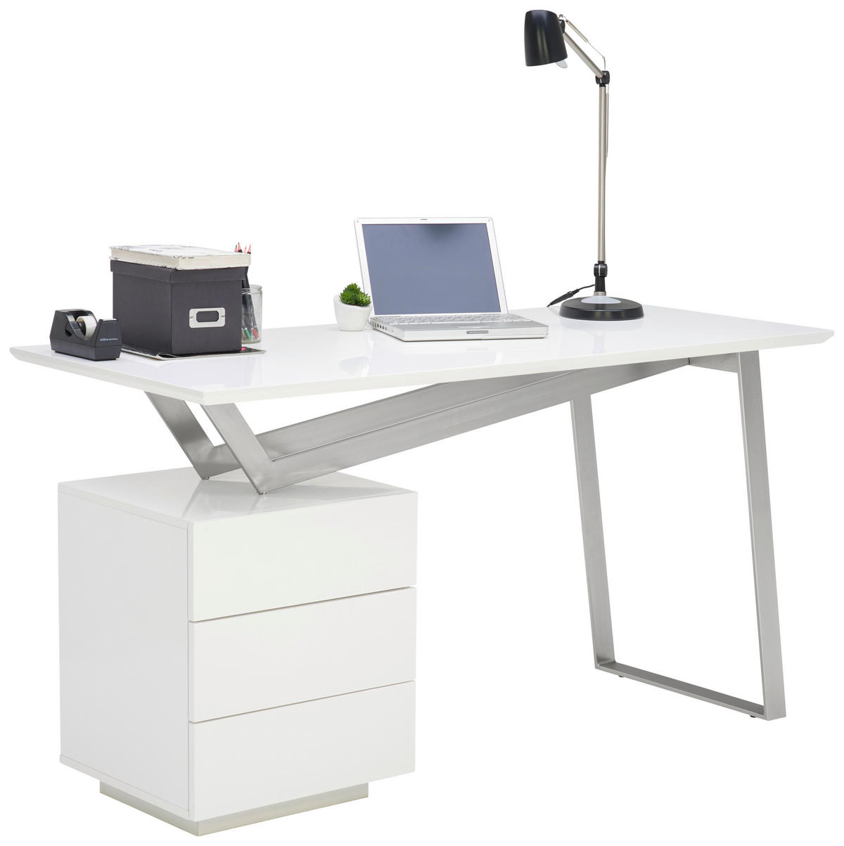 SCHREIBTISCH 140/60/76 cm  in Weiß, Edelstahlfarben, Weiß Hochglanz  - Edelstahlfarben/Weiß Hochglanz, MODERN, Holzwerkstoff/Metall (140/60/76cm) - Novel