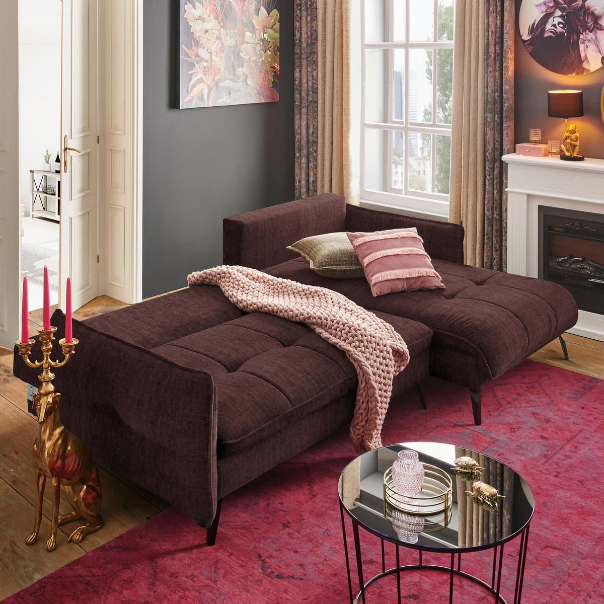 ECKSOFA in Flachgewebe Braun  - Schwarz/Braun, Design, Textil/Metall (273/180cm) - Hom`in