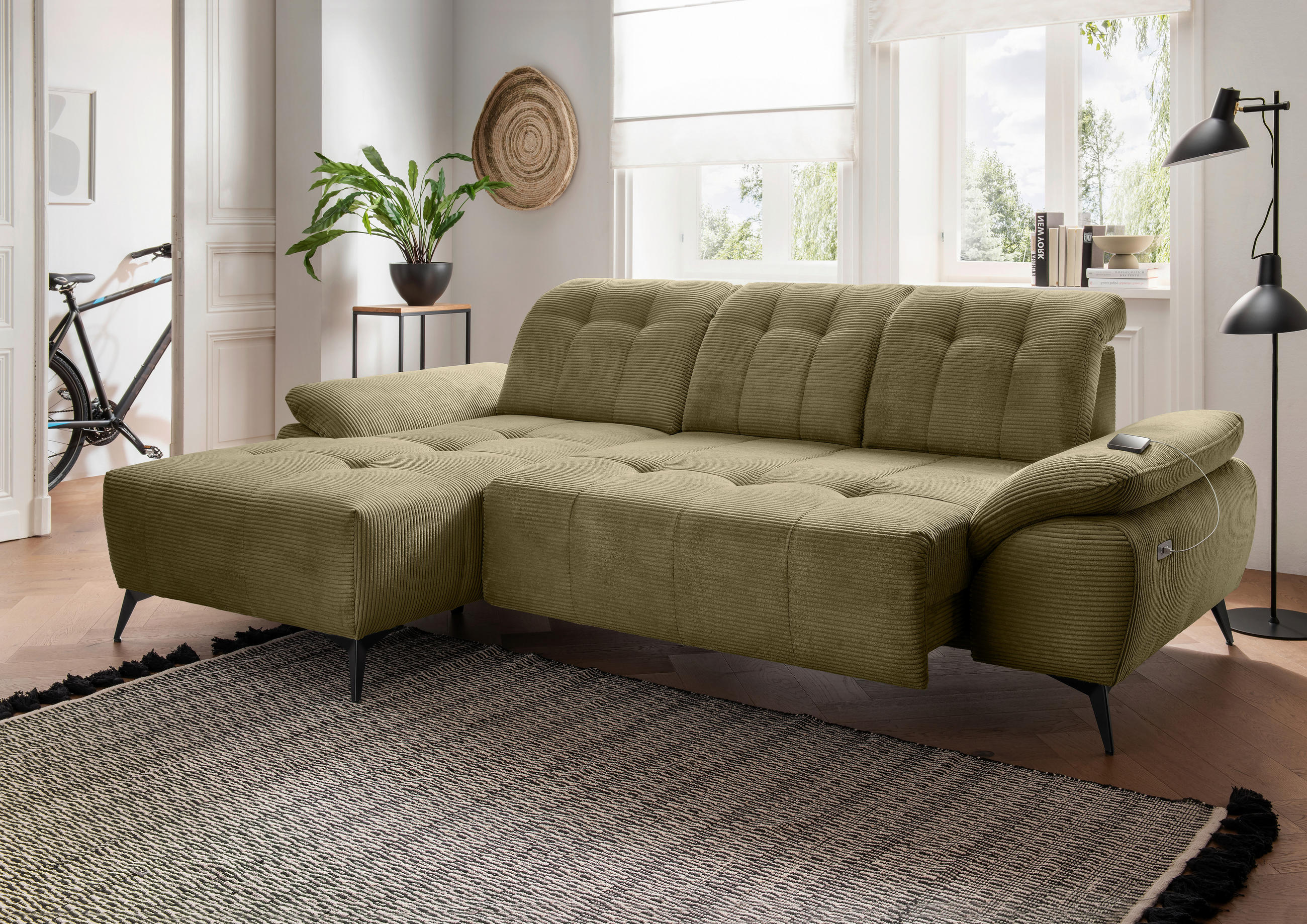 ECKSOFA Cord Olivgrün  - Schwarz/Olivgrün, Modern, Textil/Metall (180/280cm) - Livetastic