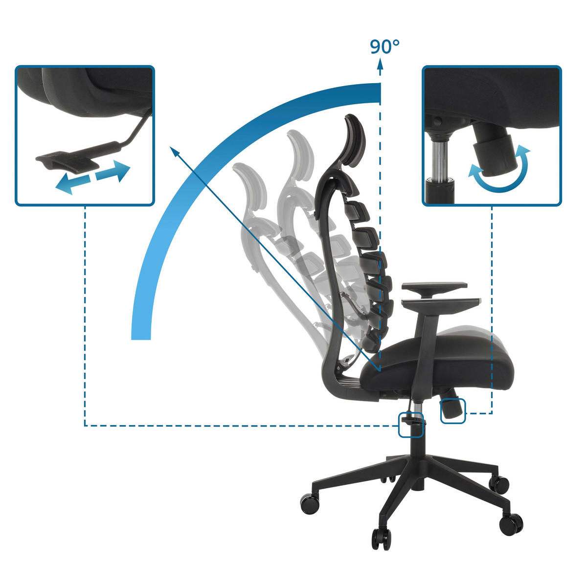 OTOČNÁ ŽIDLE, plochá tkanina,  - černá, Moderní, textil/plast (64/120 - 130/62cm) - MID.YOU