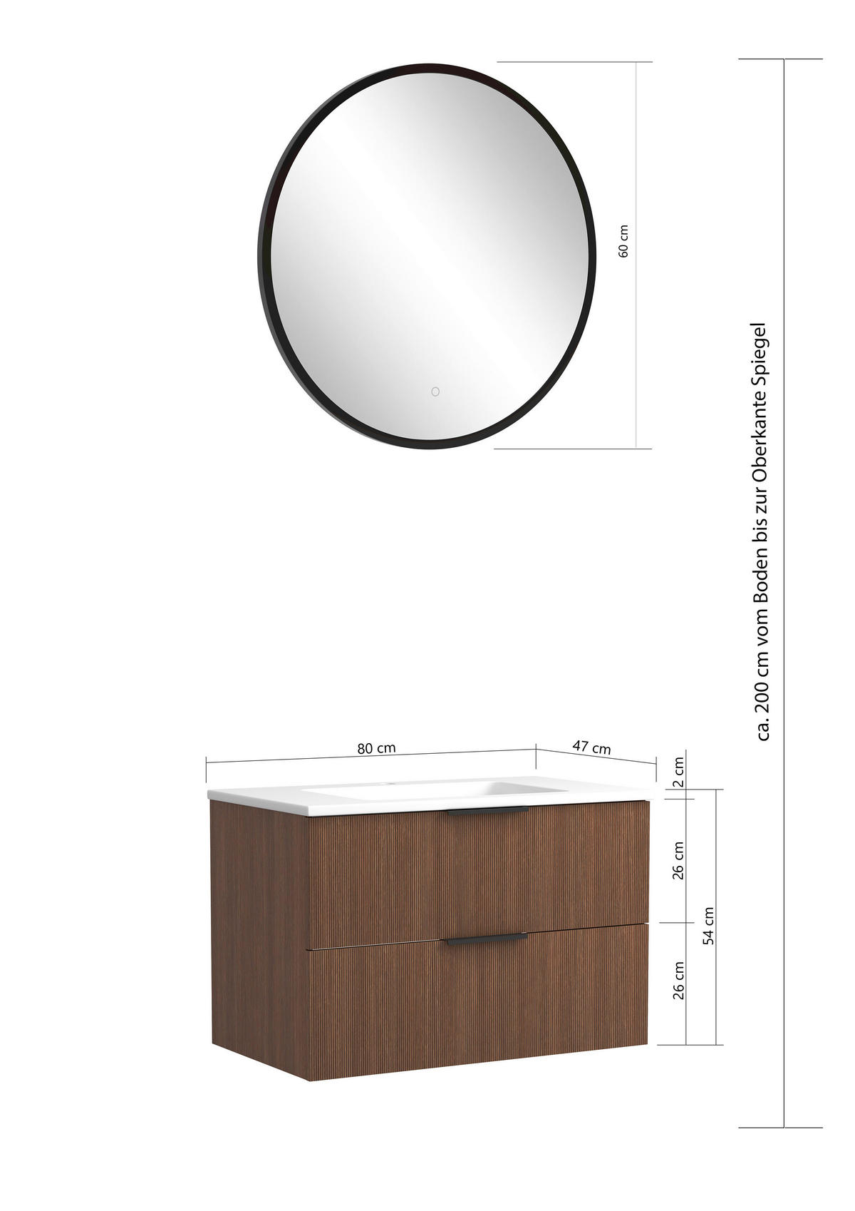 BADEZIMMER 3-teilig  in 80 cm  - Dunkelbraun/Schwarz, Natur, Holzwerkstoff/Stein (80cm) - Held