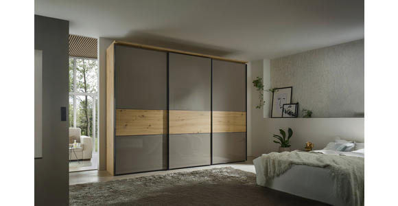 SCHWEBETÜRENSCHRANK  in Eiche Artisan, Mokka  - Graphitfarben/Eiche Artisan, Basics, Glas/Holzwerkstoff (336/240/68cm) - Moderano