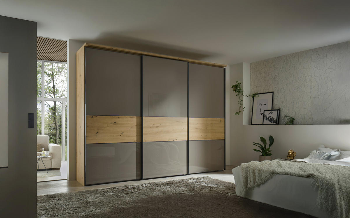 SKRIŇA S POS. DVER. – HOR.VED, dub artisan, mokka, 336/240/68 cm - grafitová/mokka, Basics, kov/kompozitné drevo (336/240/68cm) - Moderano