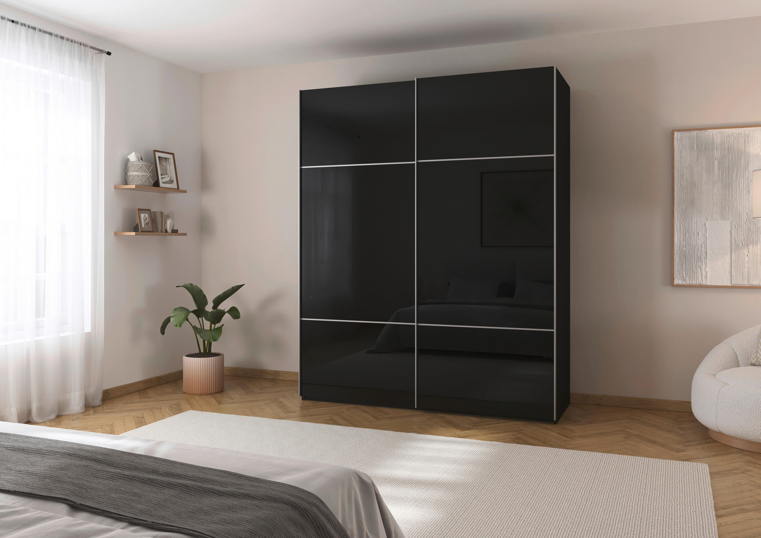SCHWEBETÜRENSCHRANK in Schwarz  - Alufarben/Schwarz, Konventionell, Glas/Holzwerkstoff (181/223/67cm) - Novel