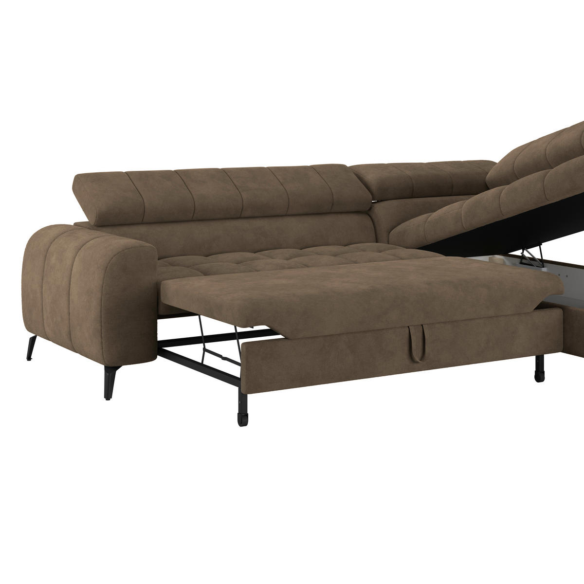 ECKSOFA Braun Bettkasten, Rücken echt, Kopfteilverstellung  - Schwarz/Braun, Trend, Kunststoff/Textil (261/203cm) - Livetastic