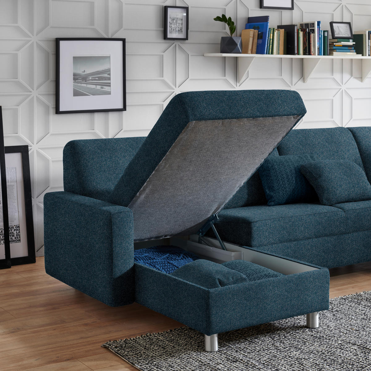 WOHNLANDSCHAFT in Chenille Blau  - Blau/Alufarben, KONVENTIONELL, Kunststoff/Textil (158/322/236cm) - Sedda