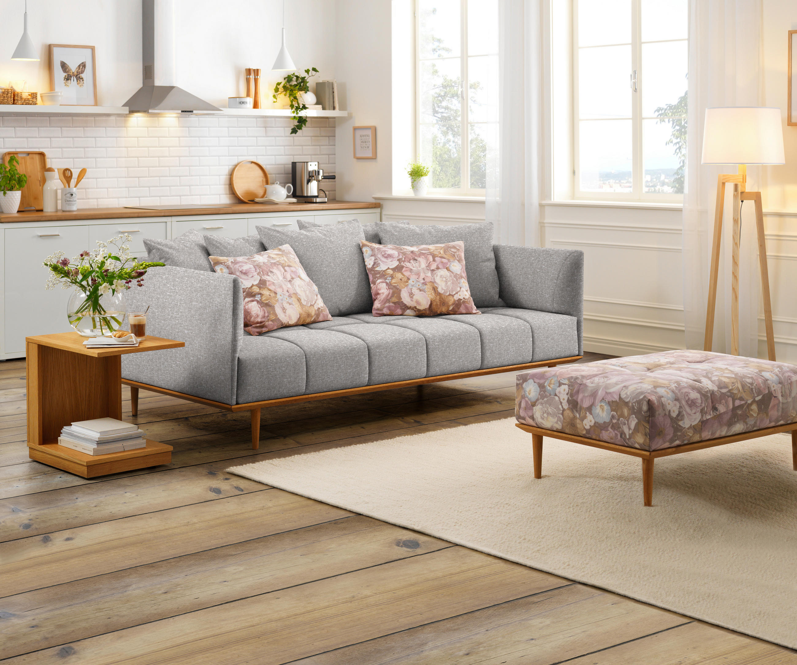BIGSOFA Flachgewebe Grau  - Grau, MODERN, Holz/Textil (220/77/120cm) - Joka