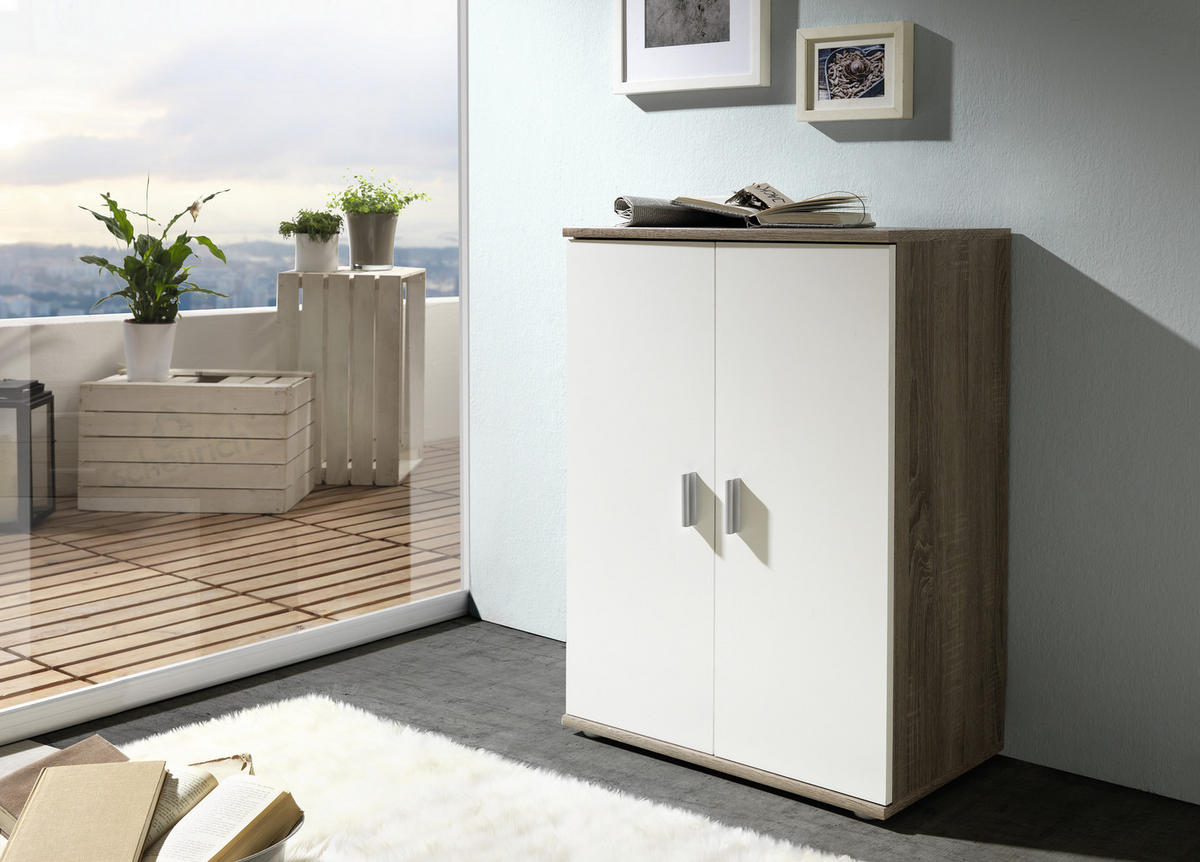 KOMODA, bela, hrast sonoma  - srebrne barve/bela, Design, umetna masa/leseni material (60/82/35cm) - Boxxx