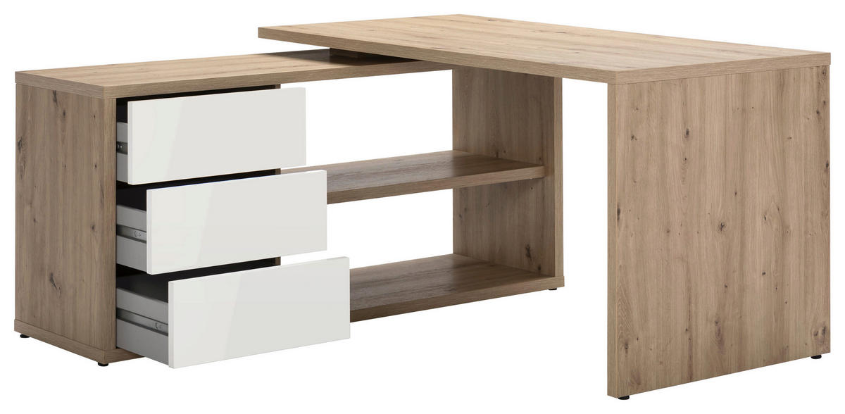 ECKSCHREIBTISCH 139/139/72 cm  in Eiche Artisan, Weiss Hochglanz  - Weiss Hochglanz/Eiche Artisan, Design, Holzwerkstoff (139/139/72cm) - Stylife
